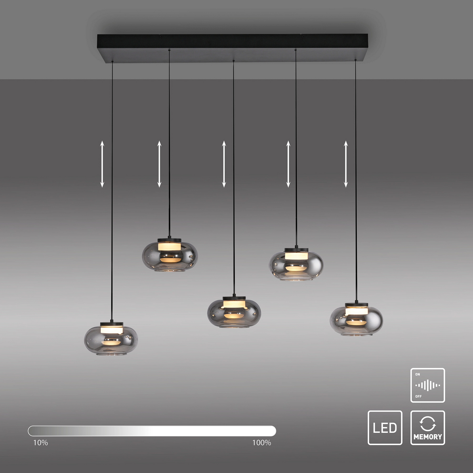 LED-visoka svetilka Sia, 5-svetilna, dimno siva, 3.000 K LED-visoka svetilka Sia, 5-svetilna, dimno siva, 3.000 K