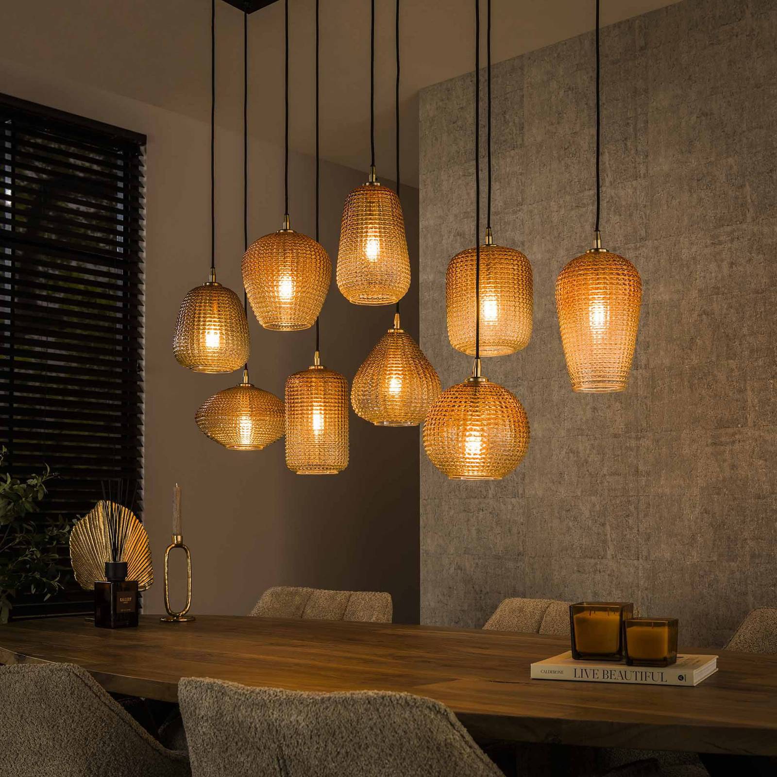 Lampa wisząca Dot, bursztyn, 120 x 40 cm, szkło, 9-punktowa