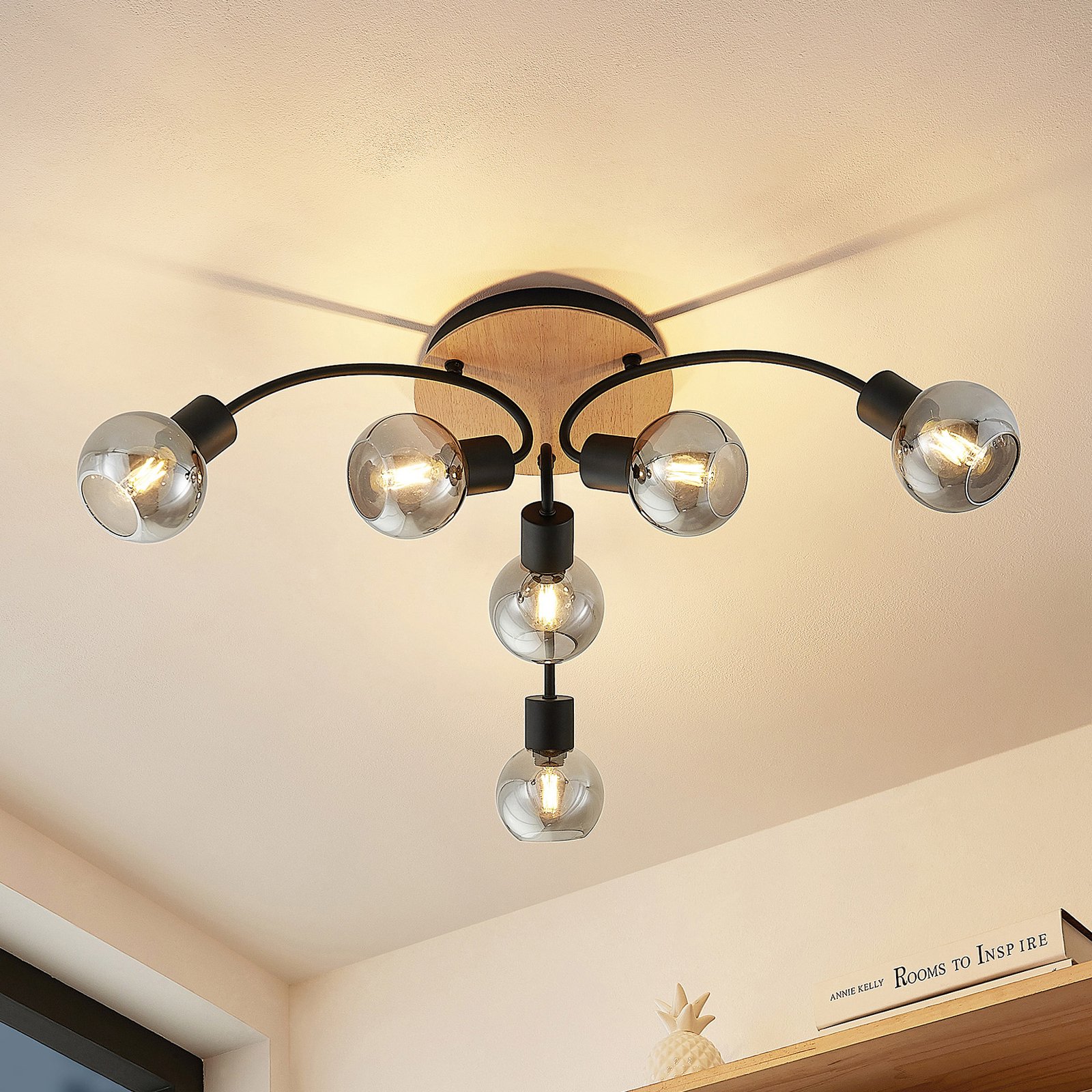 Lindby Eridia ceiling light, wood, 6-bulb round