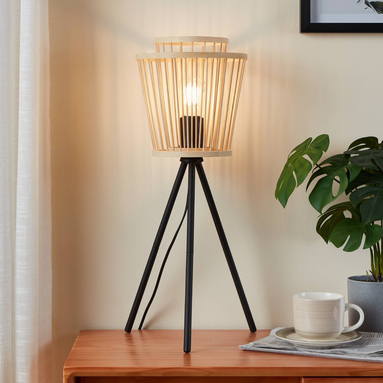 Stolná lampa Hykeham, výška 57 cm, prírodná/čierna farba, bambus