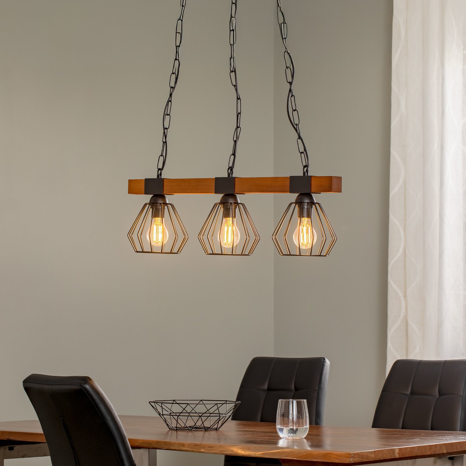 Ulf pendant light, wooden beam, three-bulb