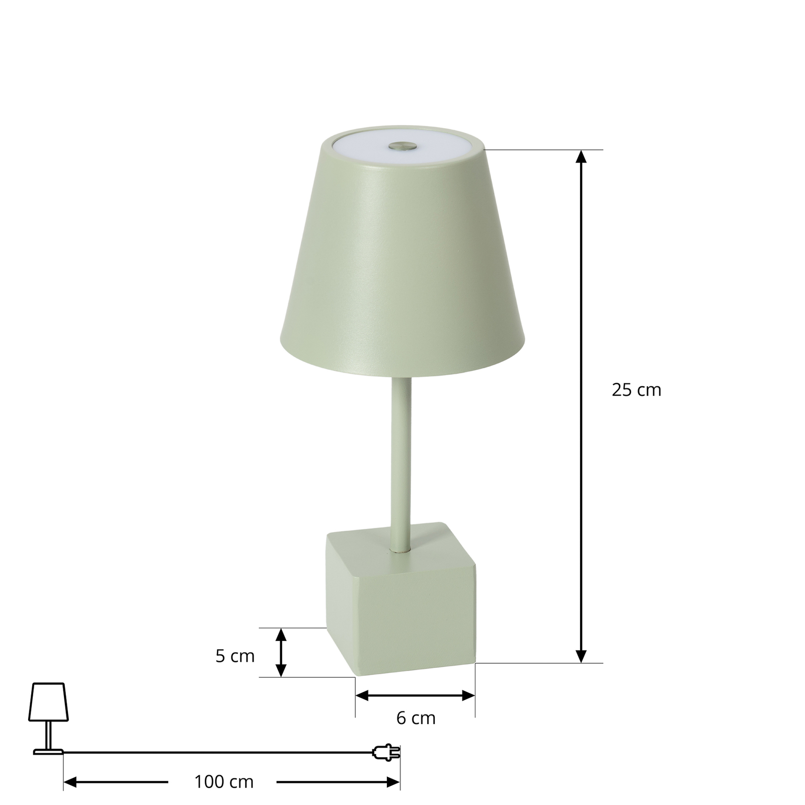 Lámpara de mesa Lindby LED recargable Janea, cubo, verde, metal