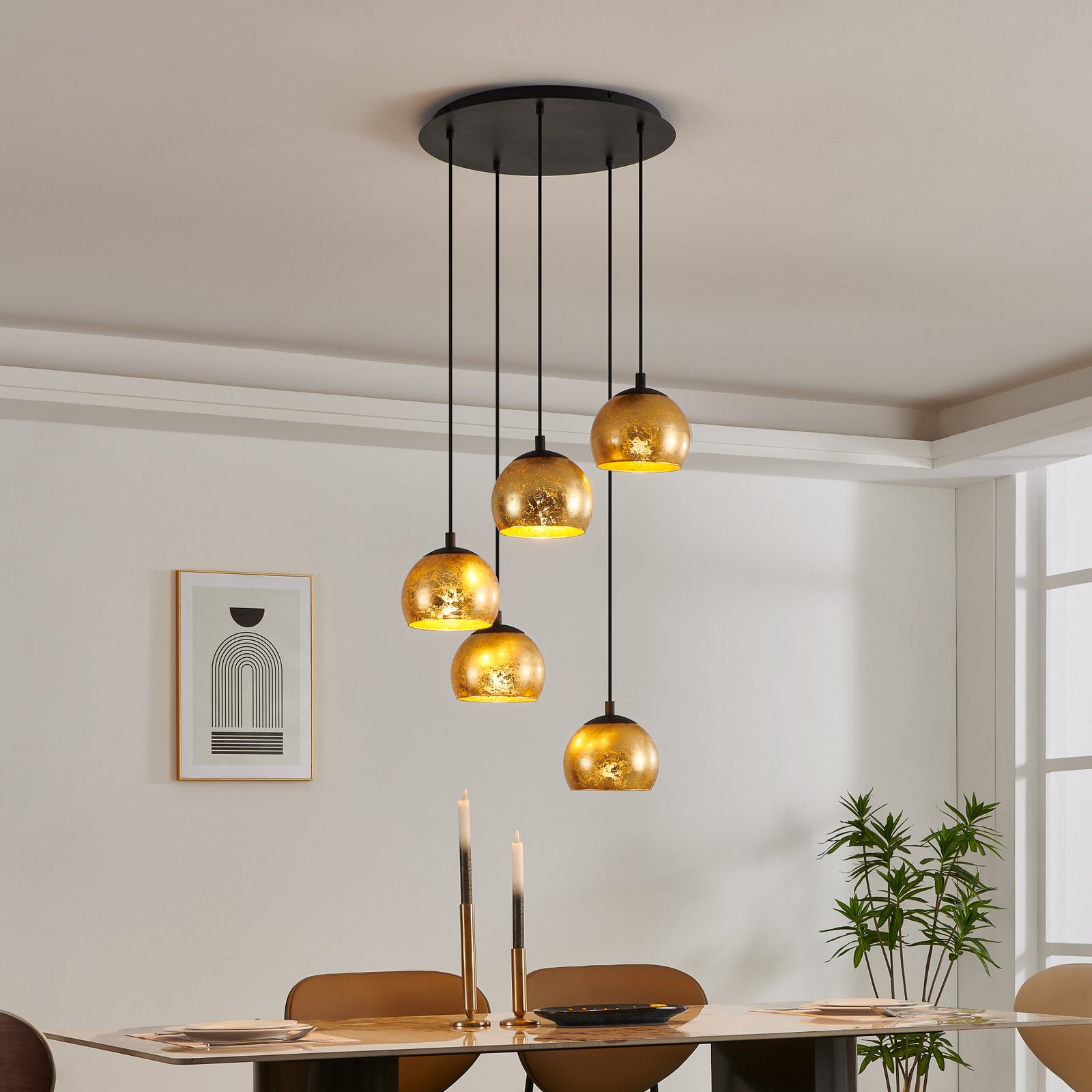 Albaraccin hanging light, five lampshades in gold
