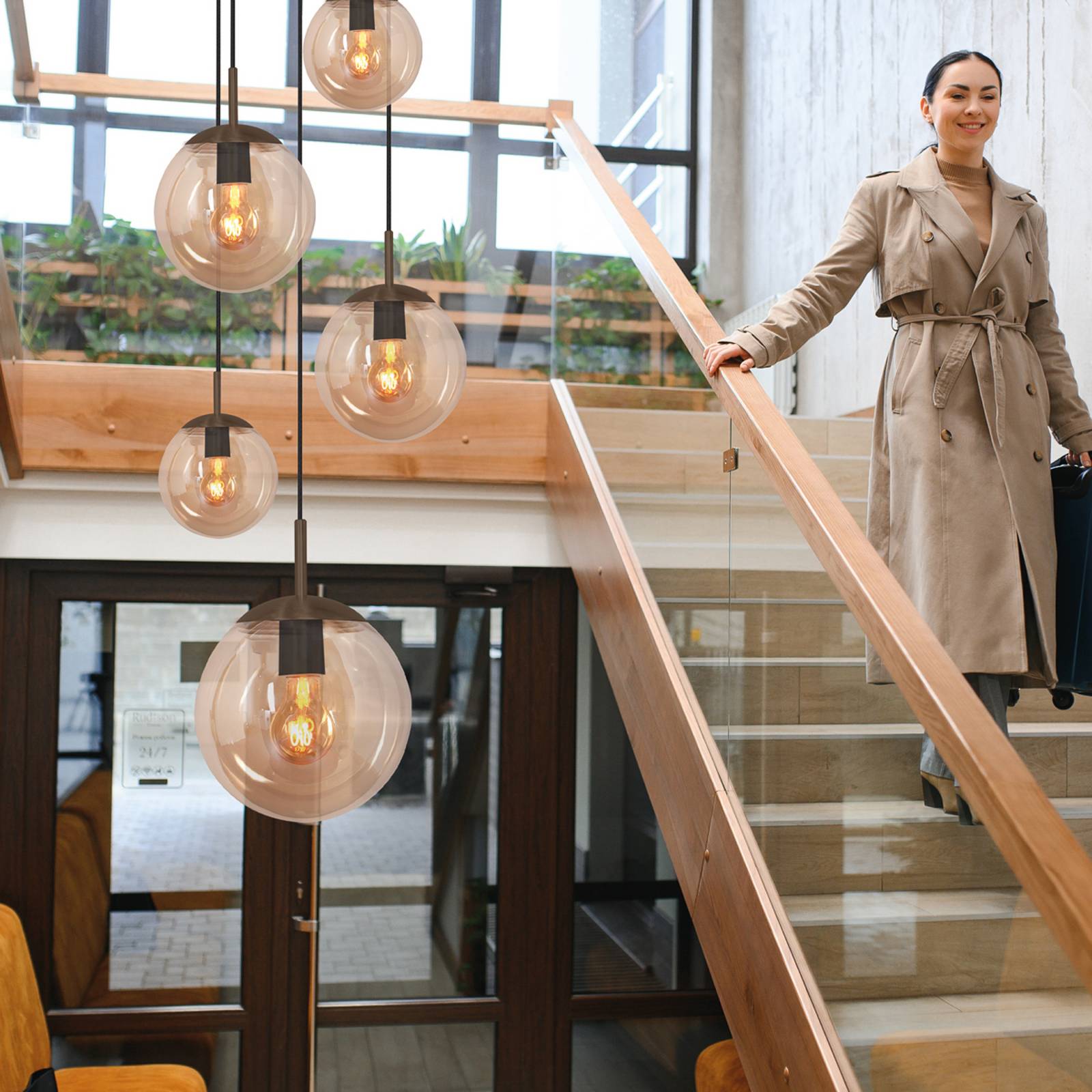 Steinhauer Suspension Bollique, marron/ambre, verre, à 5 lampes