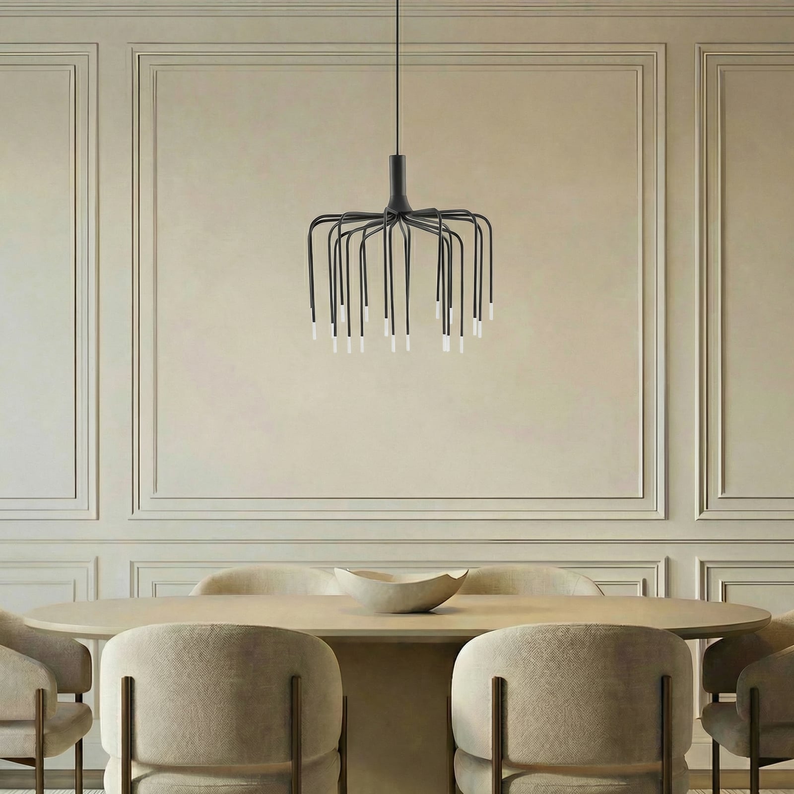 Závěsné světlo Lucande Ariadne, Ø 57 cm, matná černá, 20 žárovek