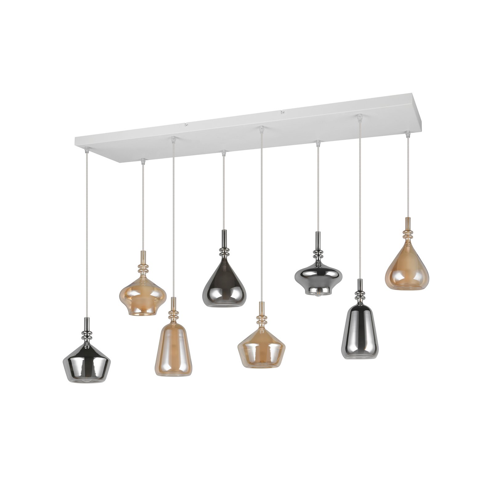 Pakabinama lempa Aldea, ilgis 115 cm, balta/gintaro spalvos/chromo stiklas, 8 Pakabinama lempa Aldea, ilgis 115 cm, balta/gintaro spalvos/chromo stiklas, 8