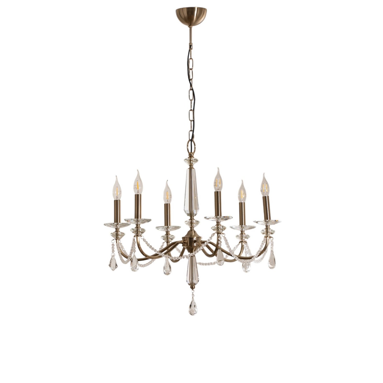 Chandelier Adone, 6-bulb, brass, Ø 70 cm, crystal glass