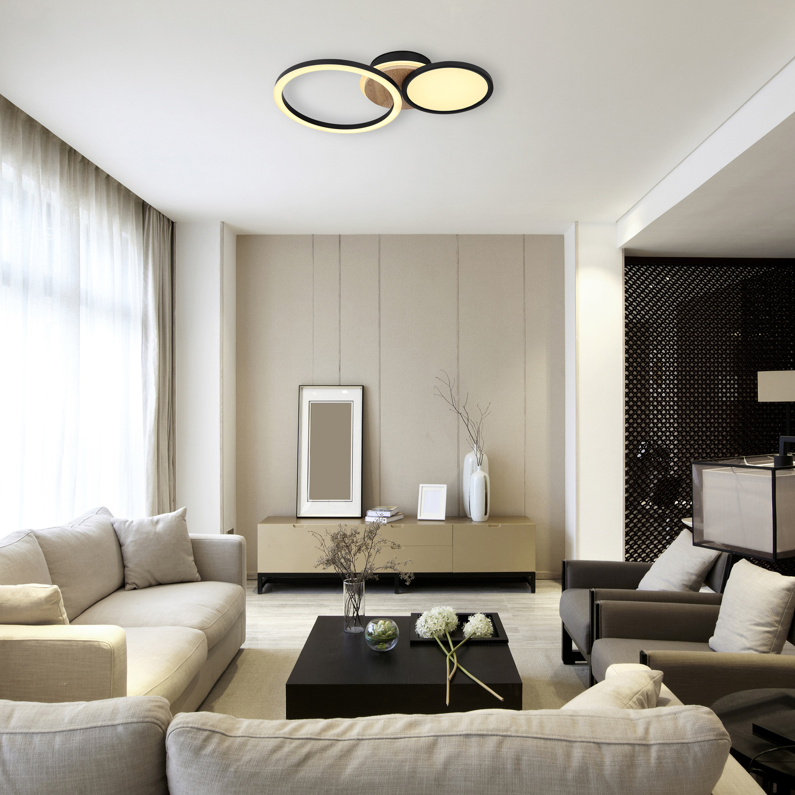 Sid LED ceiling light with wood, 3-bulb