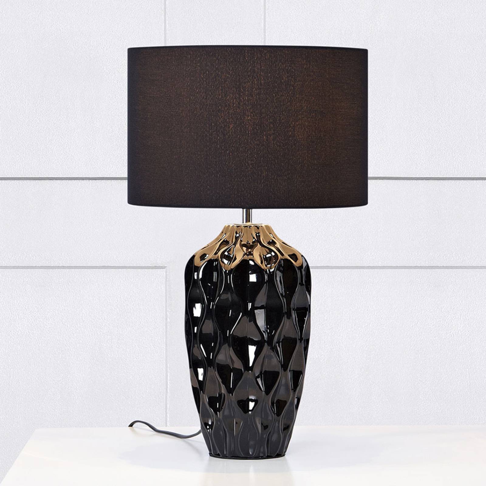 Markslöjd Angela table lamp, black, for Living / Dining Room, ceramic, fabric, E27, 60 W, energy efficiency: A++, H: 49 cm