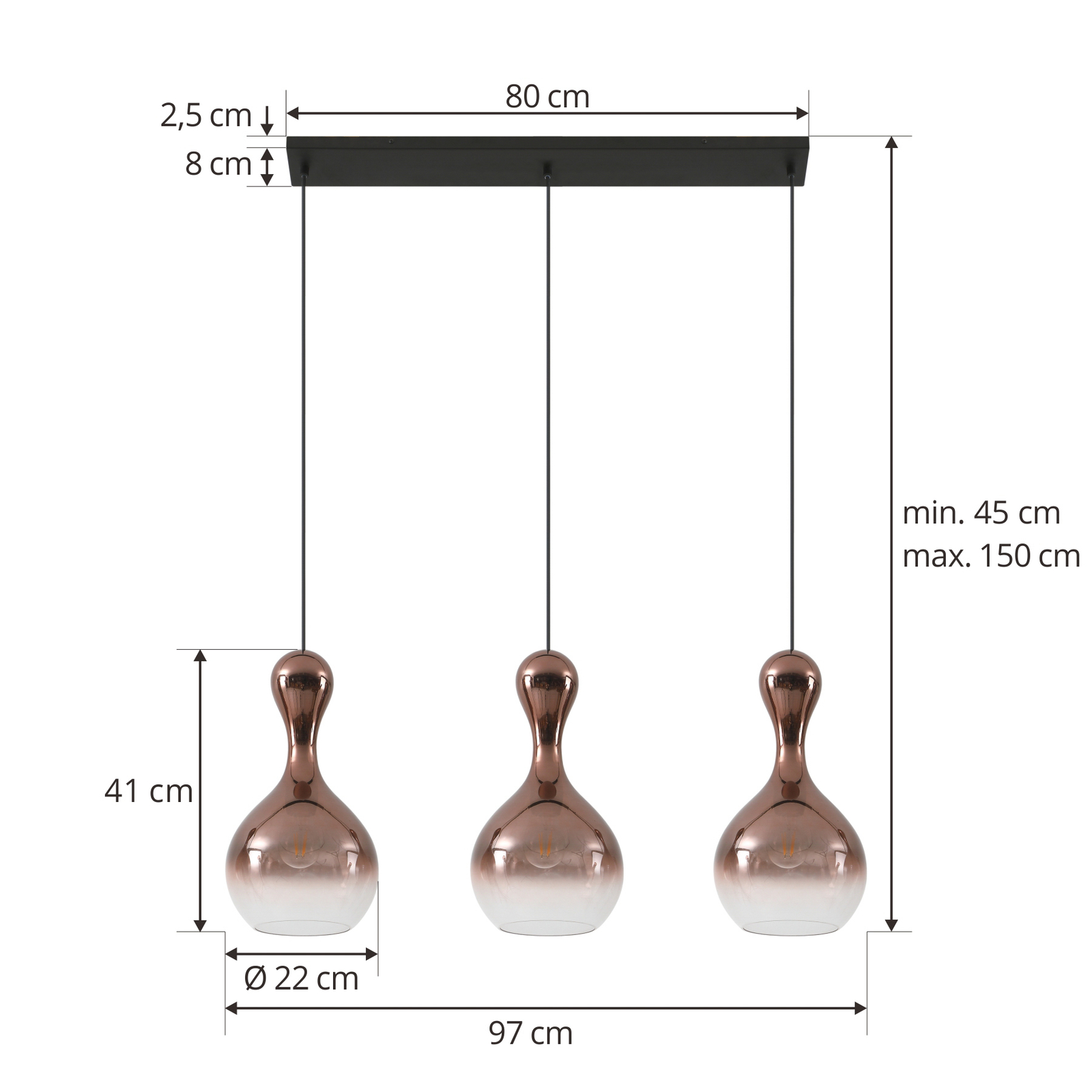 Lucande Lampe à suspendre Lyrisa, 3 lampes, couleur cuivre, verre, 22cm