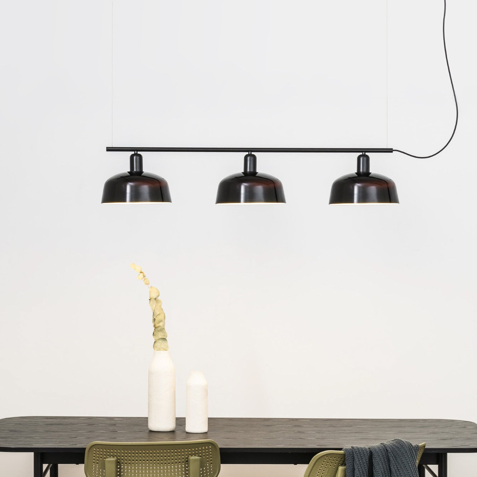 Tatawin hanging light, black, glass, length 100 cm, 3-bulb.