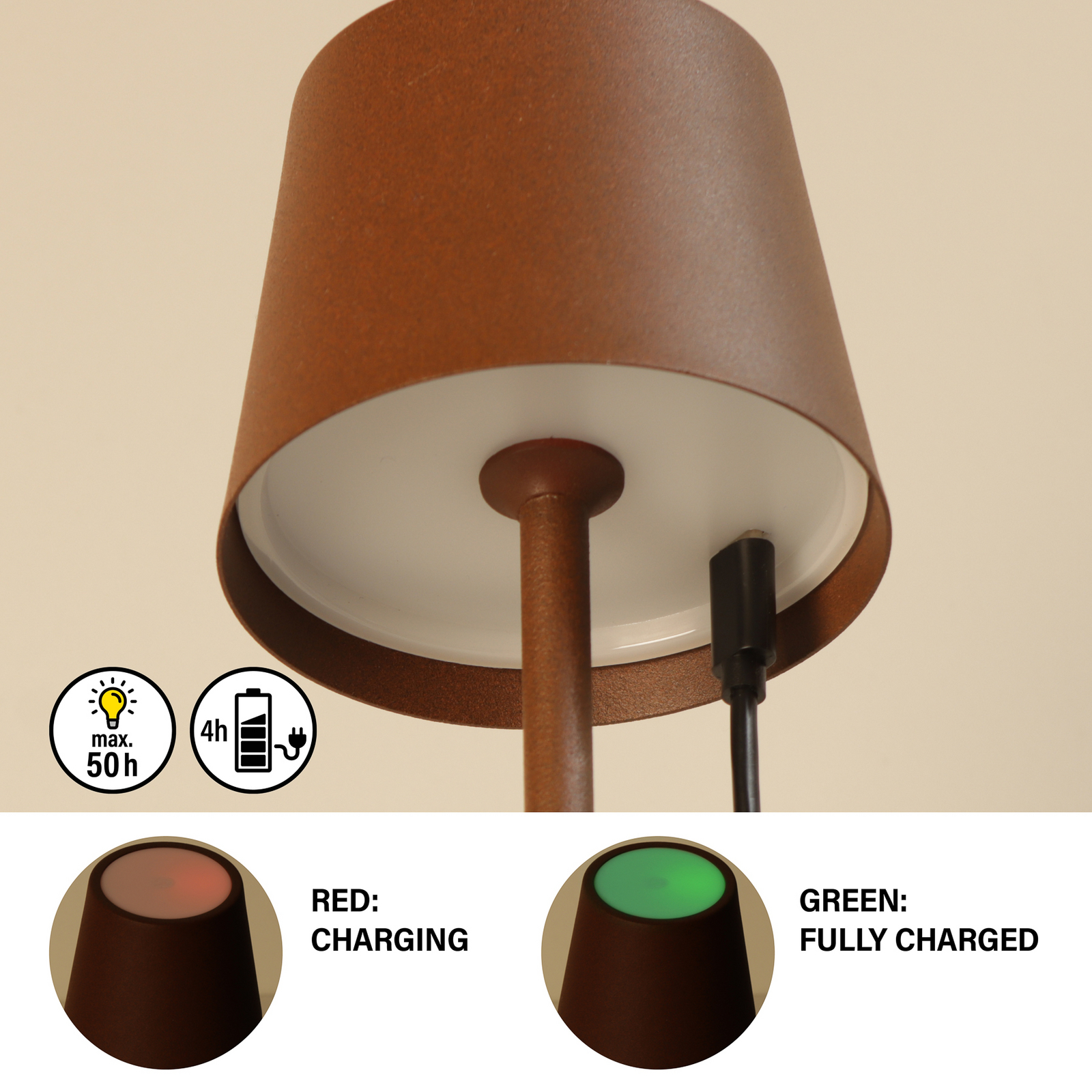 Lampa stołowa LED Roxi, kolor rdzy, metal, IP54, ściemniana