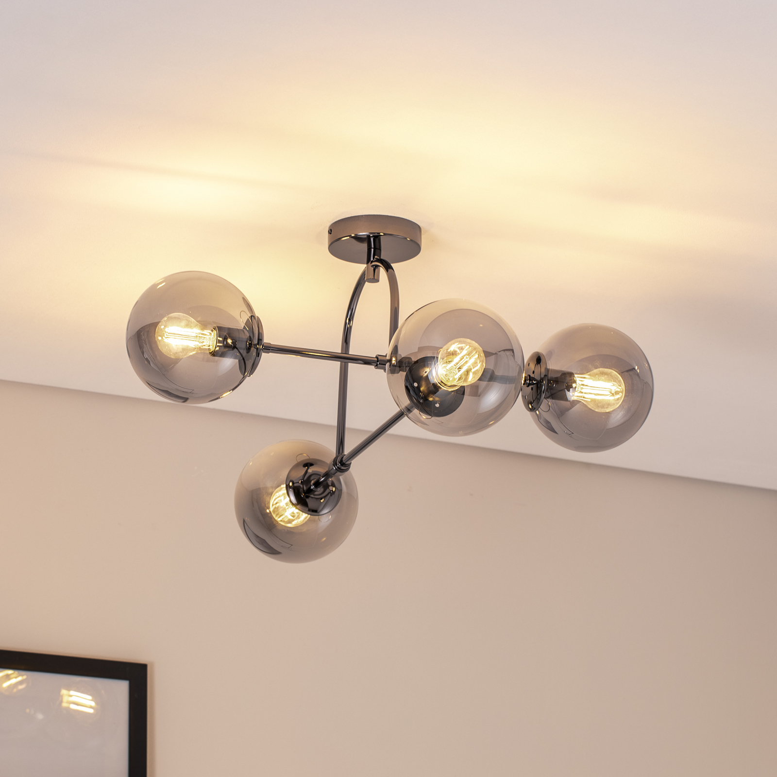 Portemo plafondlamp, rookgrijs/nikkel, 83x74 cm, 4-lamps glas