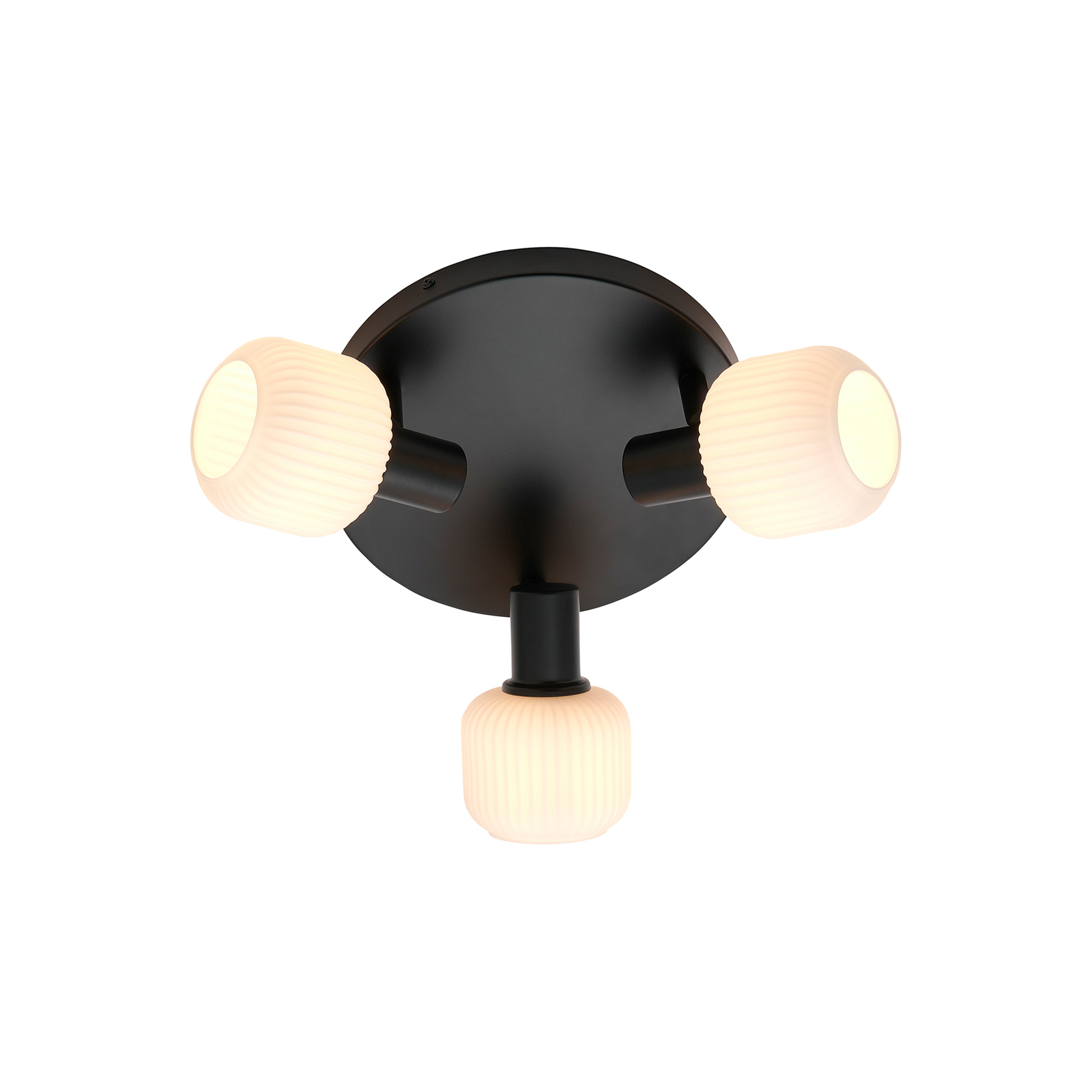 Stropné svietidlo Milford Mini, 3 svetlá, čierne, rebrované sklo
