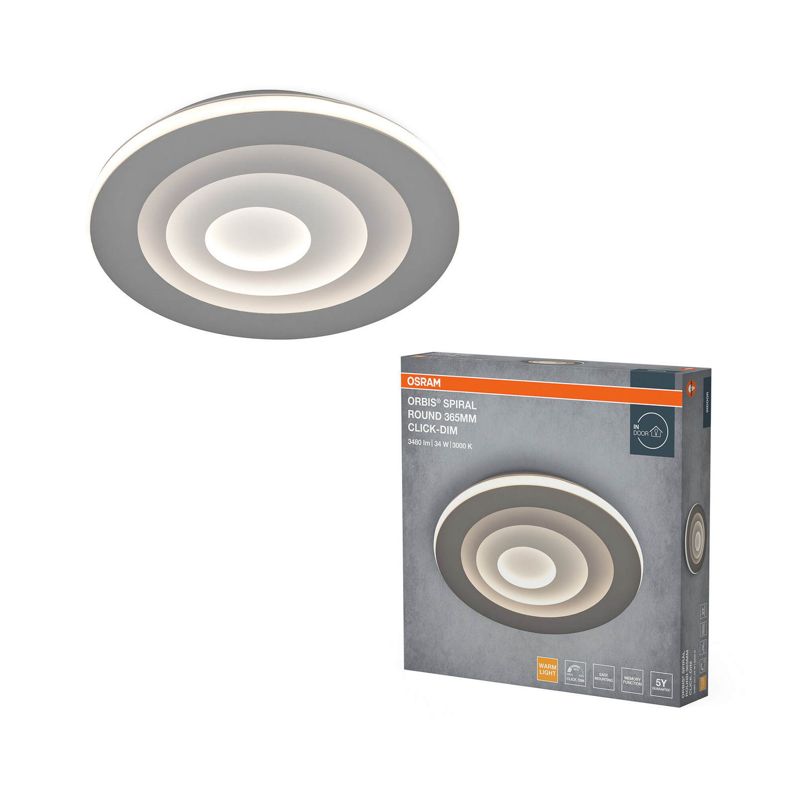 Φωτιστικό οροφής LED OSRAM ORBIS SPIRAL, Ø 37 cm, γκρι, clickdim Φωτιστικό οροφής LED OSRAM ORBIS SPIRAL, Ø 37 cm, γκρι, clickdim