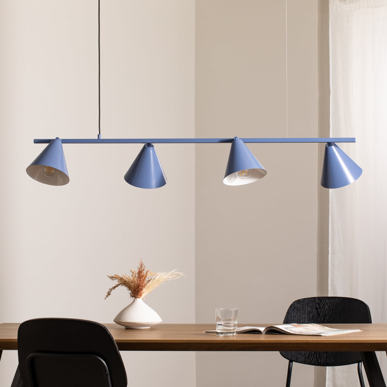 Lampă suspendată Form 4, albastră, metalică, cu 4 becuri, formă conică - ALDEX