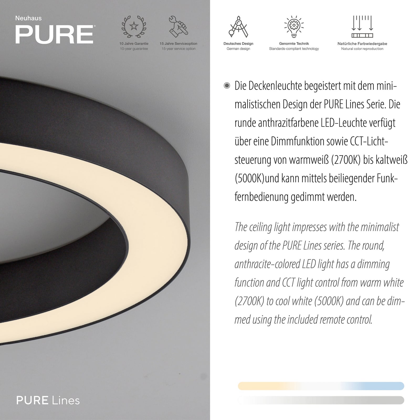 Lines LED-Deckenlampe, Ø 35 cm, graphit, CCT, Remote - PURE