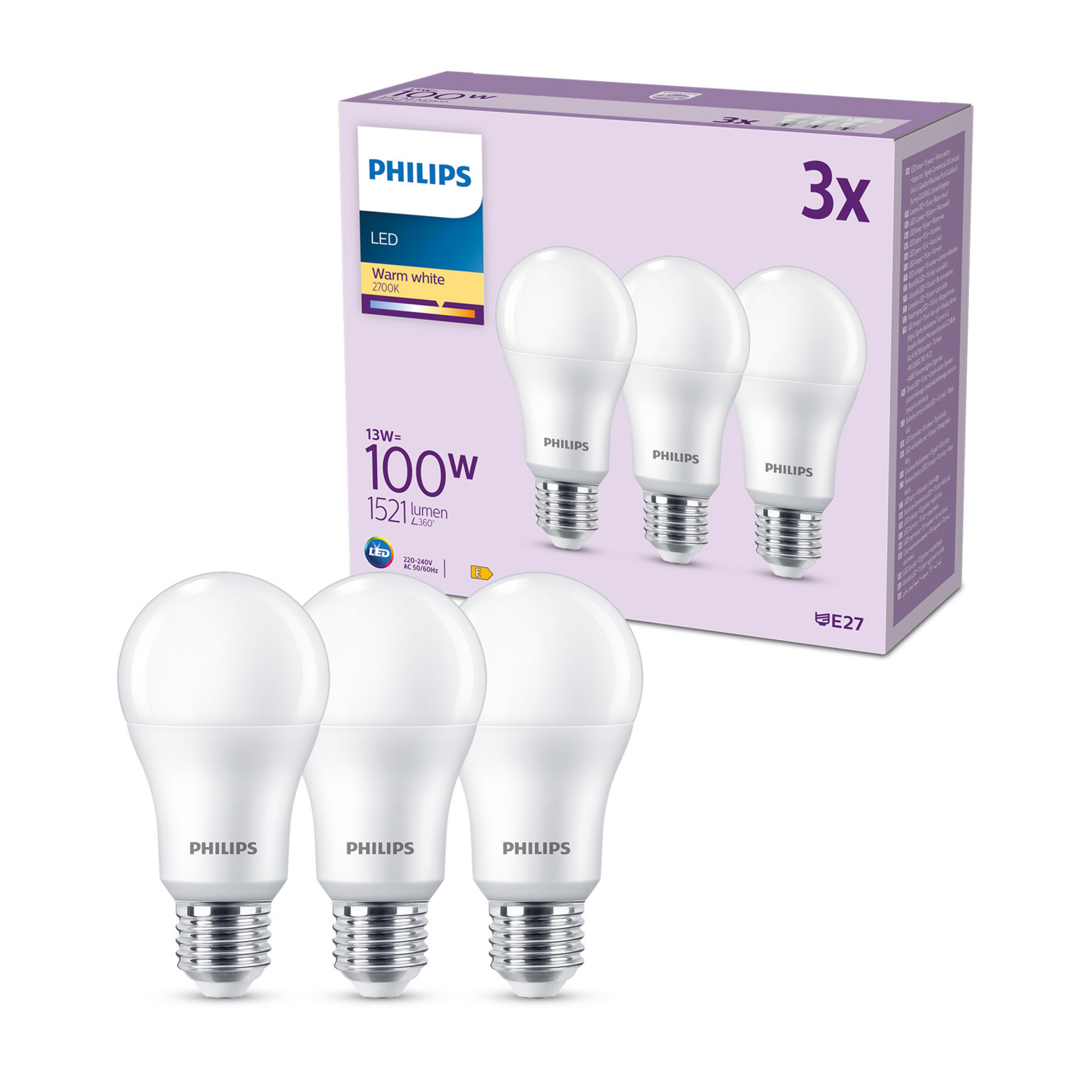 Λαμπτήρας LED Philips E27 13W 1.521lm 2.700K ματ 3pcs