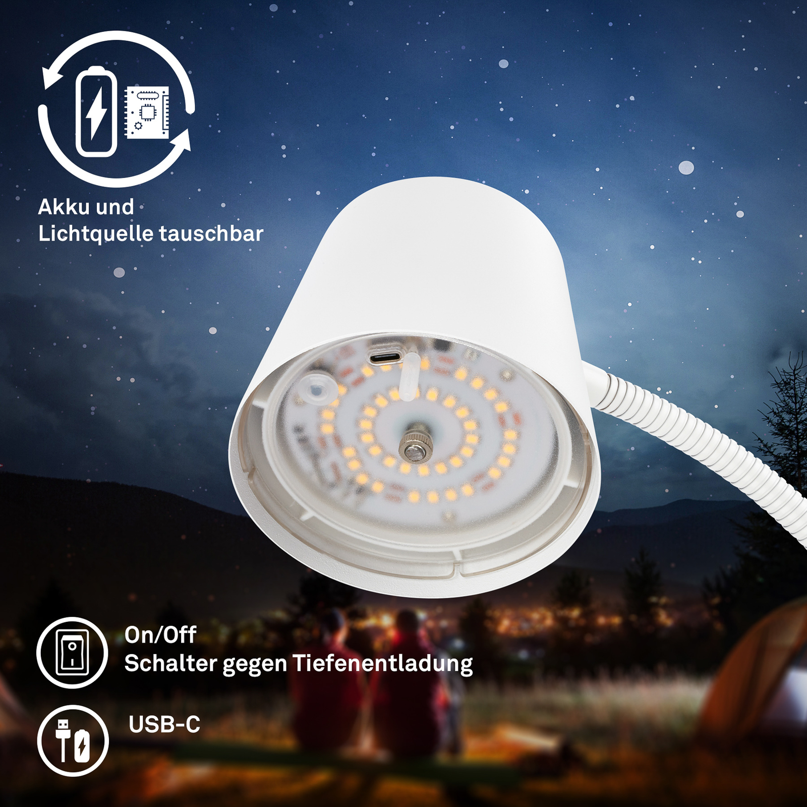 Lampe sur pied LED rechargeable Cielo, blanc, variateur tactile, câble USB