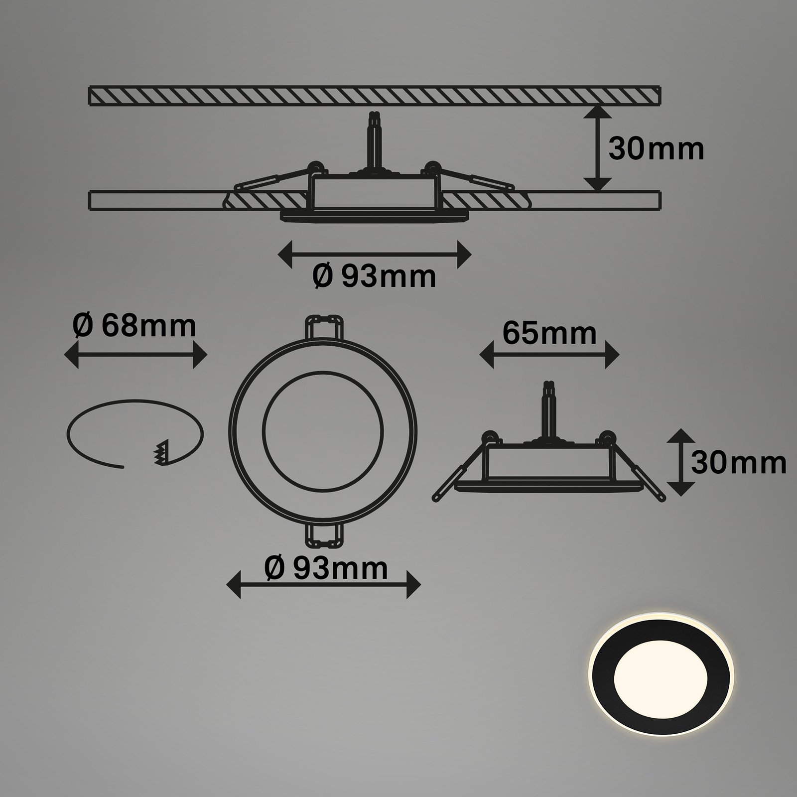 LED-Einbauleuchte Gima, schwarz, 3.000 K, 3er-Set