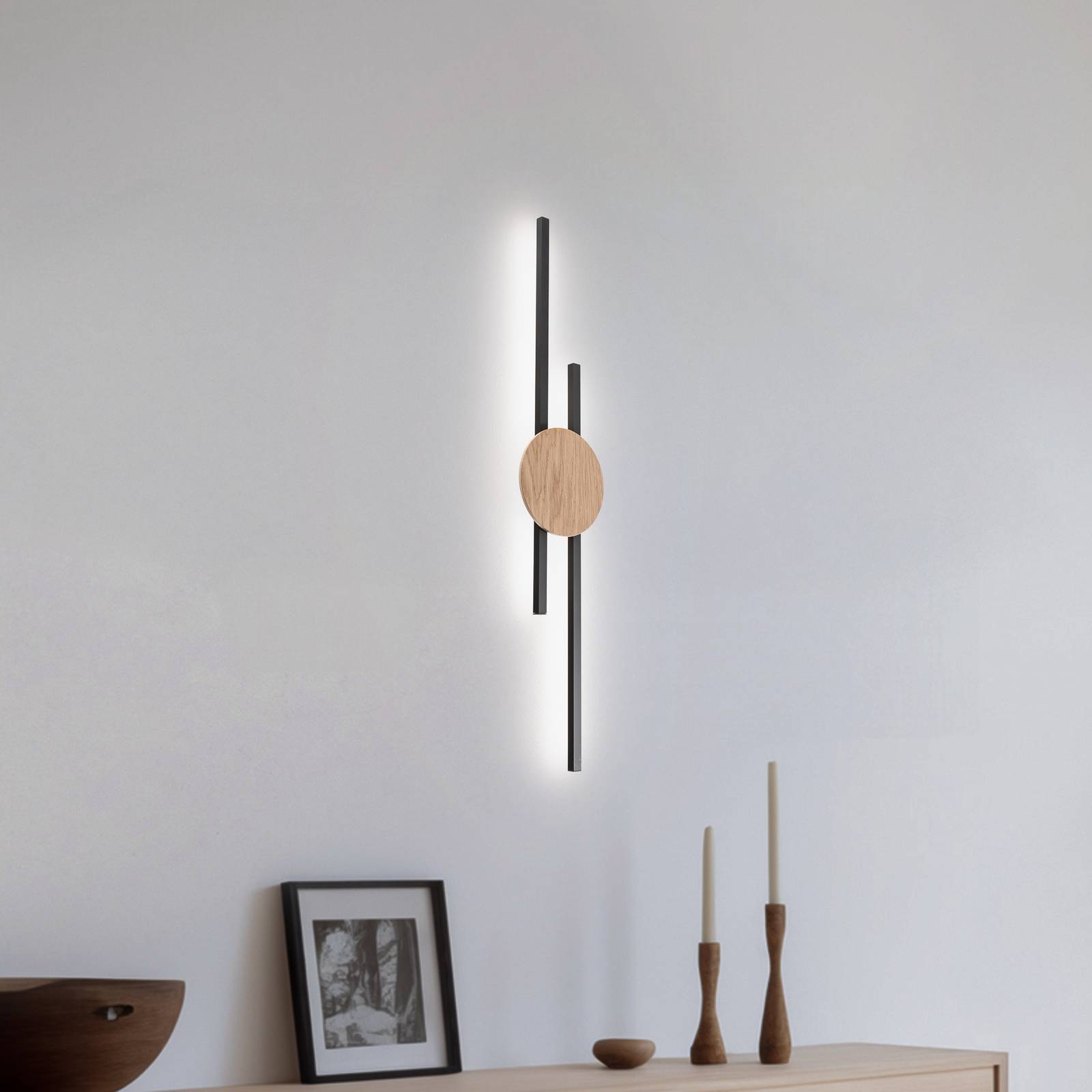 LED-Wandlampe Java, schwarz/kiefer, 86 cm, 2-flg., Metall günstig online kaufen