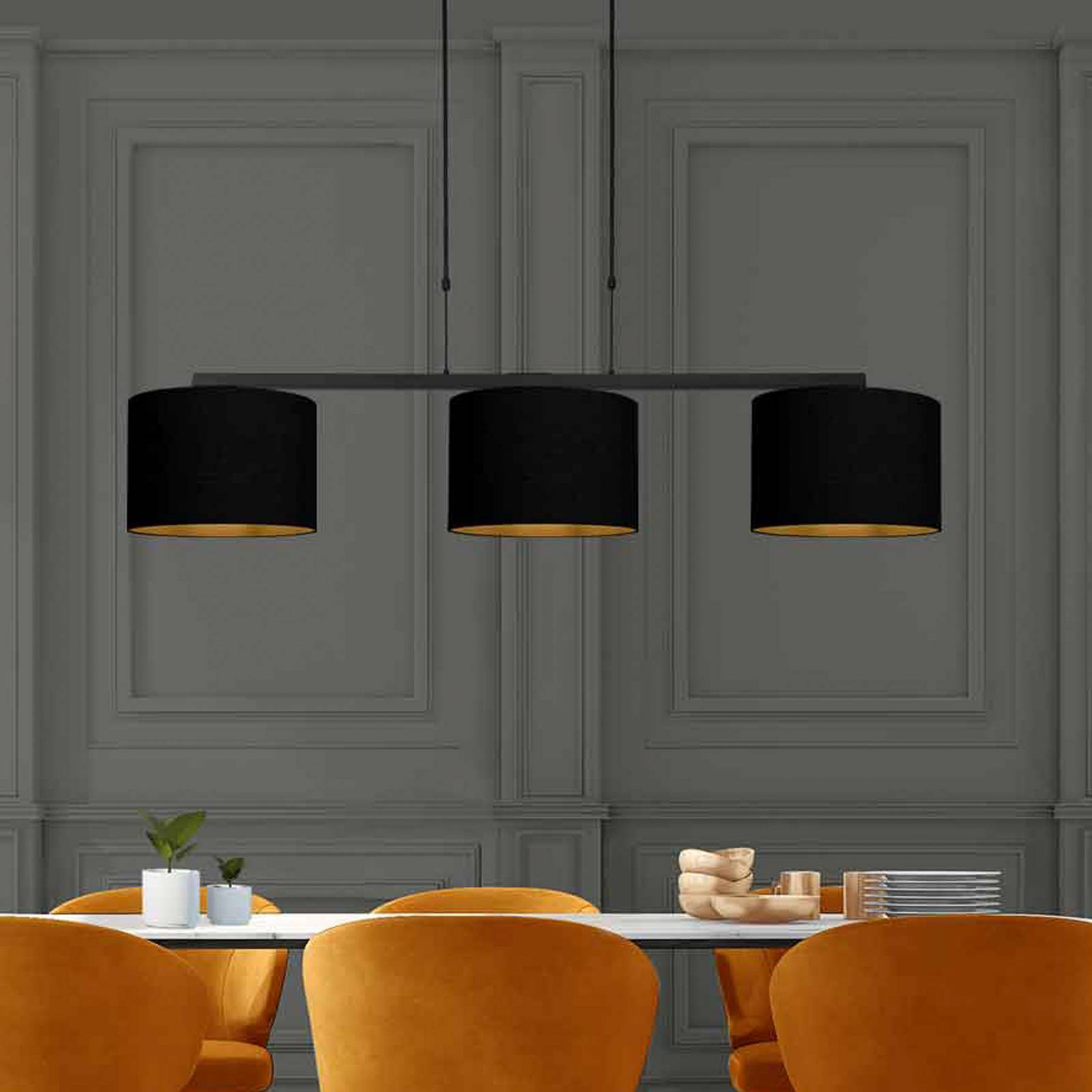 Steinhauer Lampada a sospensione Stang, nero/nero-oro, lunghezza 140 cm, a 3 luci.