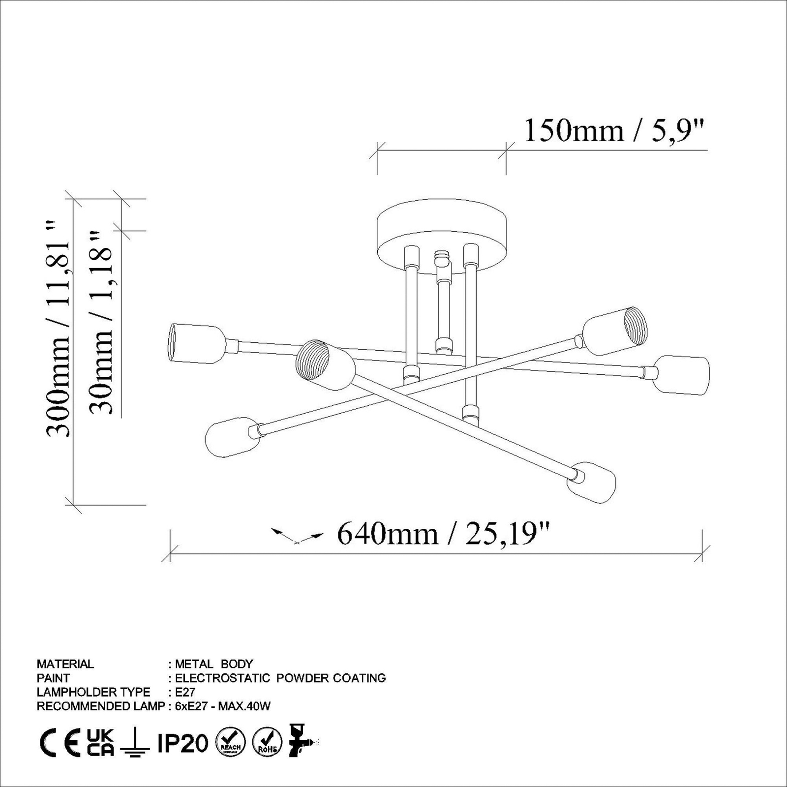 Flower 177 taklampe, kremhvit, metall, 6 lyskilder