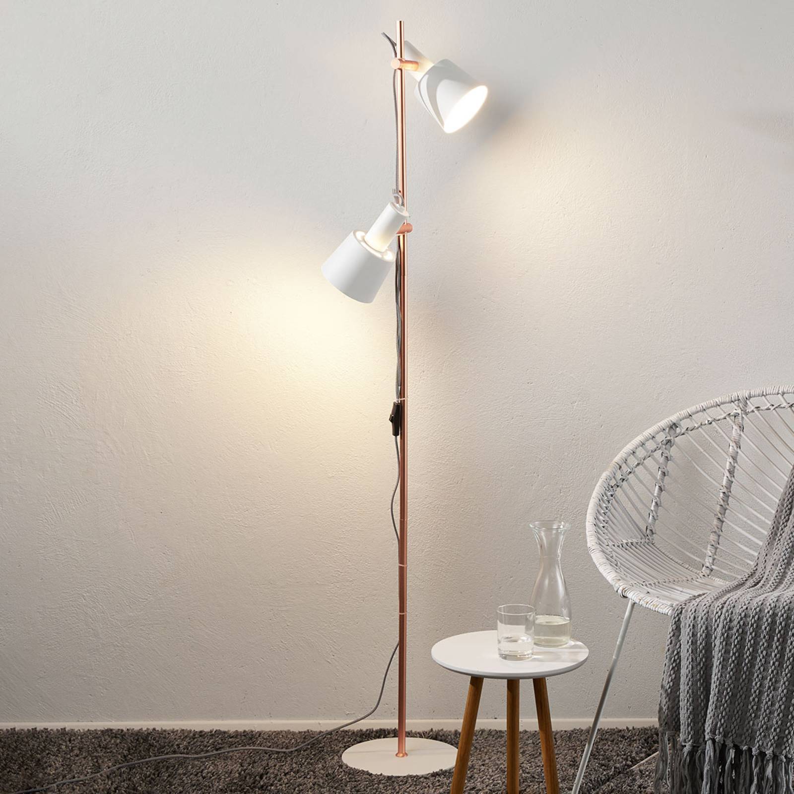 Twobulb floor lamp Haldar in white/copper Lights.co.uk