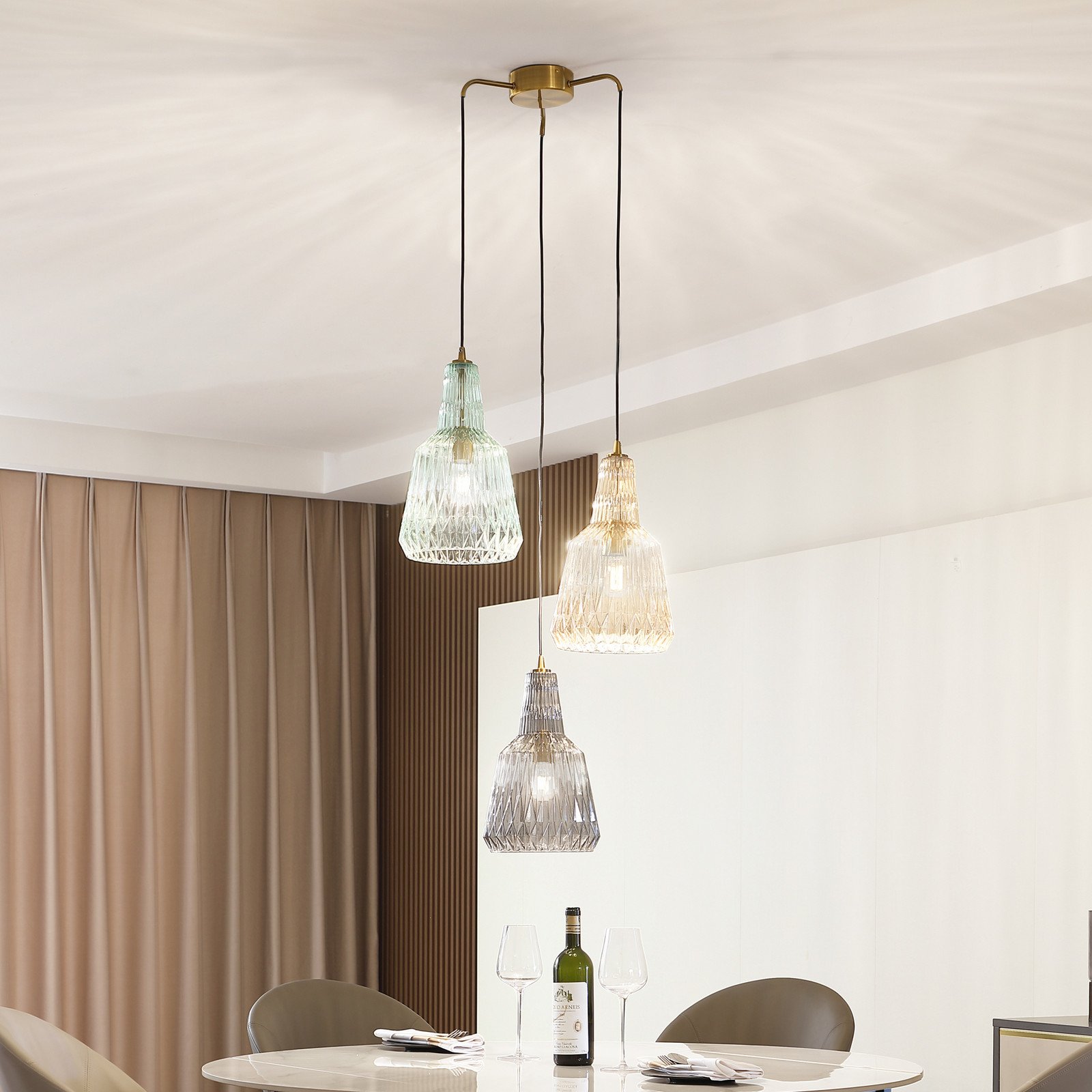 Lampă suspendată Lindby Belarion multicoloră 3 lumini Ø 55 cm - Camera de zi / sufragerie - Vintage - gri fumuriu chihlimbar verde - Sticlă