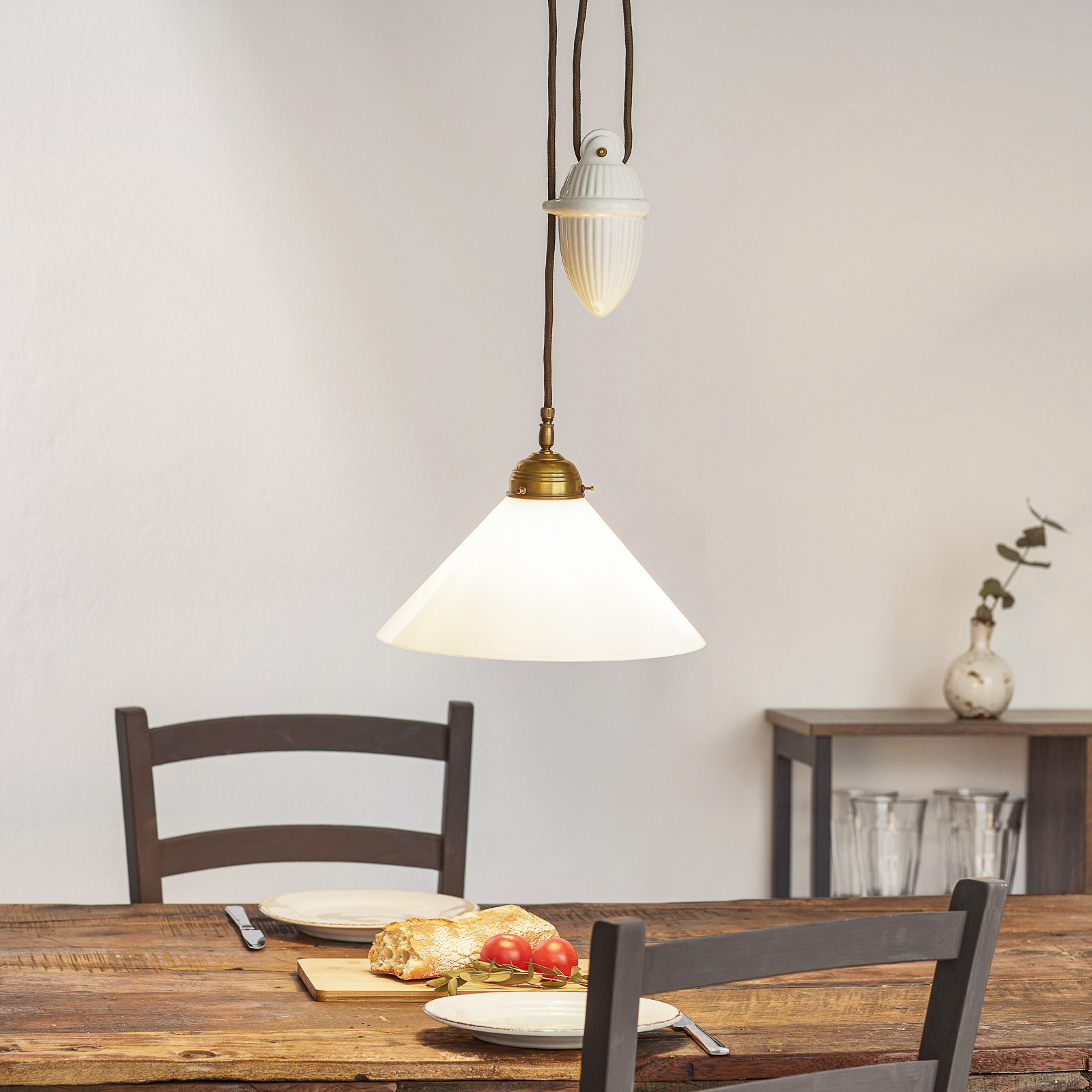 Berliner Messinglamp HELENE hanging light with rise and fall mechanism, for Living / Dining Room, glass, brass, E27, 60 W, energy efficiency: A++, H: 19 cm