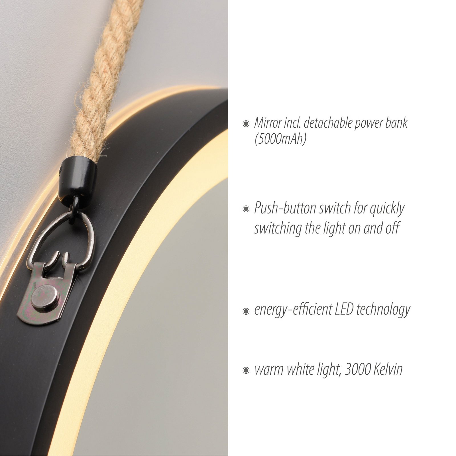 LED nástenné zrkadlo VIDRO, čierne, Ø 40 cm, powerbanka, závesné
