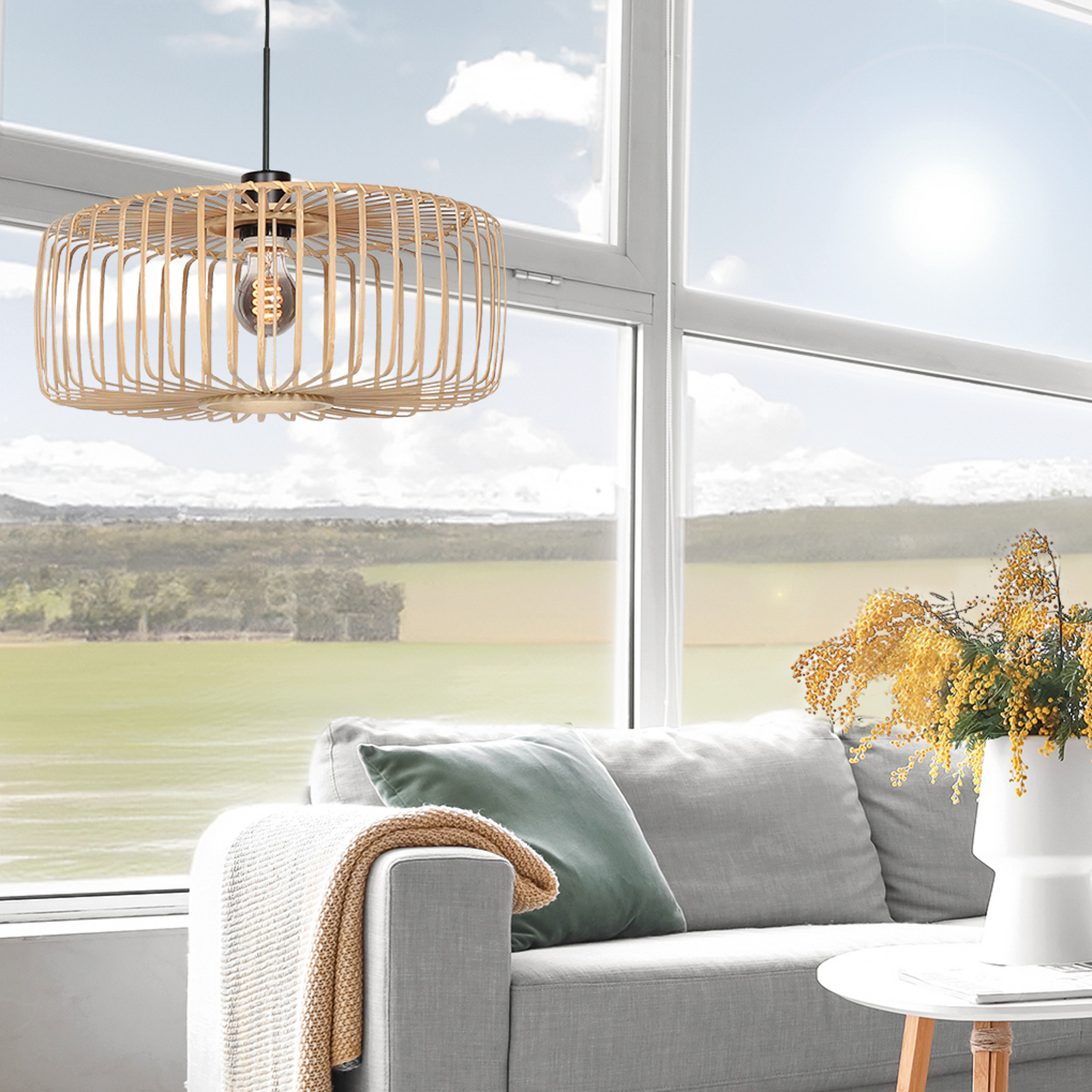 Hanglamp Sparkled Light, zwart/natuurlijk bamboe, Ø 60 cm