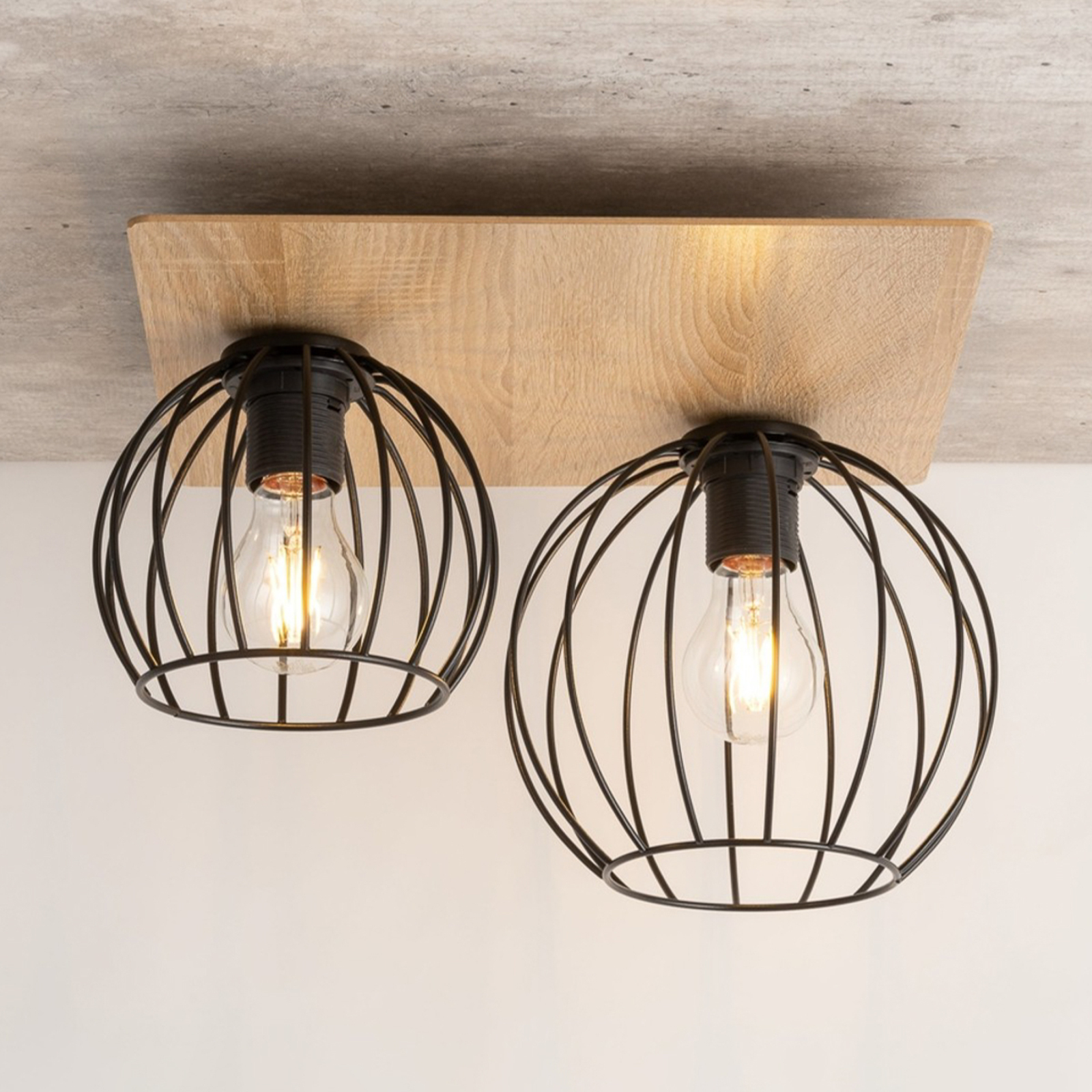 Malin ceiling light, wooden panel angular, 2-bulb