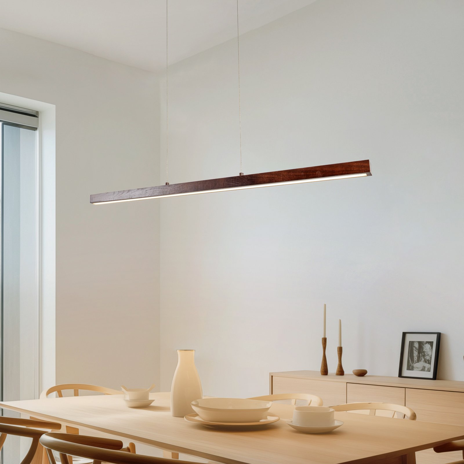 Lucande LED-riippvalgustid Nihalo, pähkel, 122 cm, dimmeriga, CCT