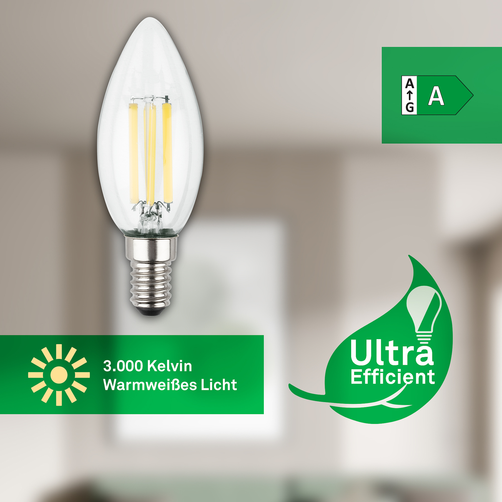 Bombilla LED vela E14 2,5W transparente 3000K 525 lm EEC A 2er