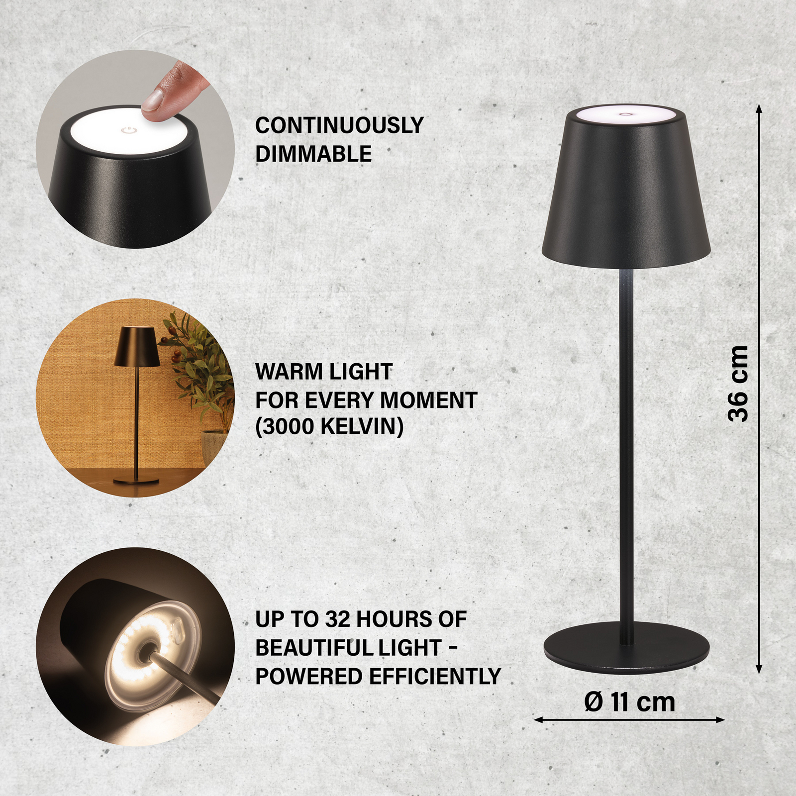 Lampe à poser LED rechargeable Viletto, noir, IP54