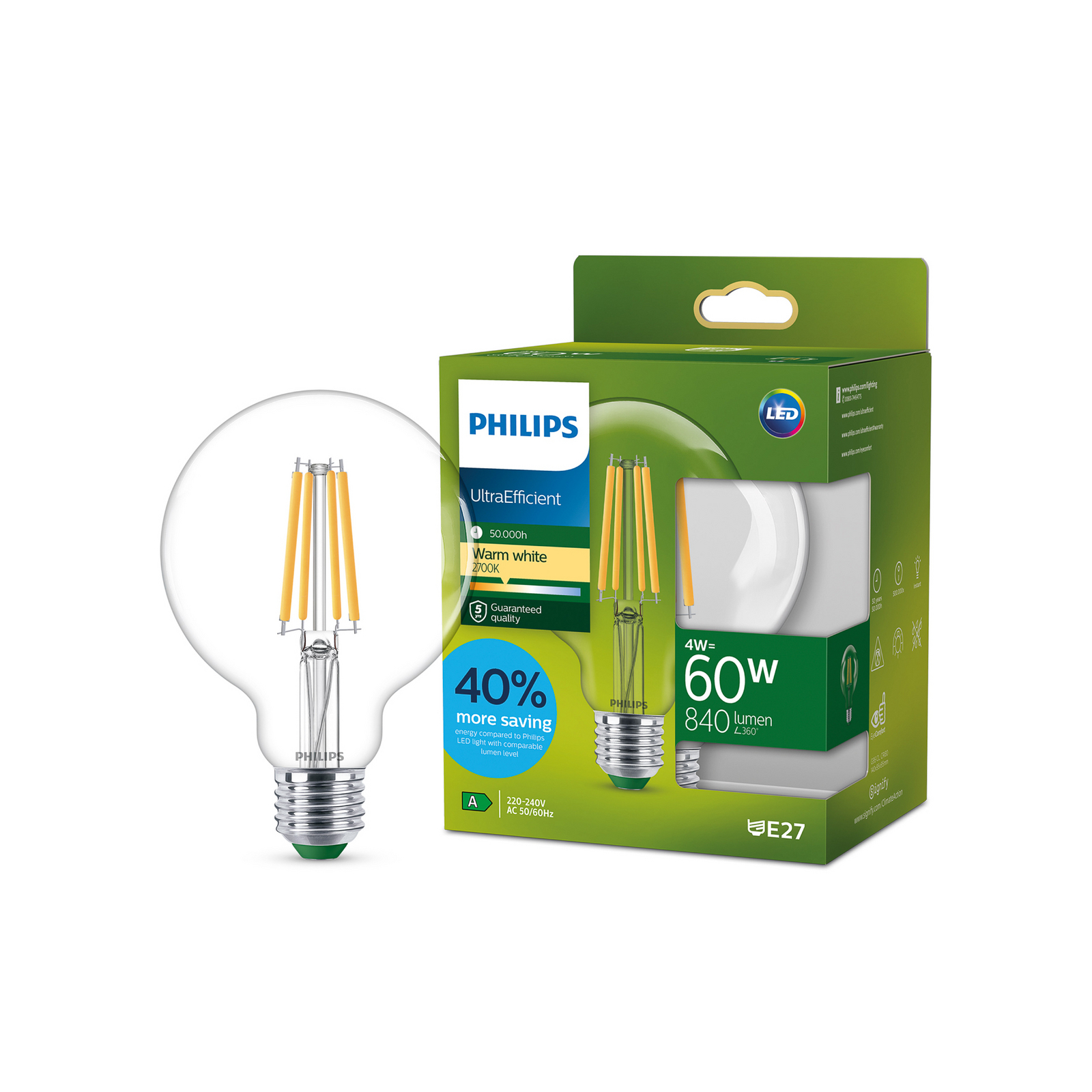 Philips E27 LED bulb globe G95 4W 840lm 827 clear