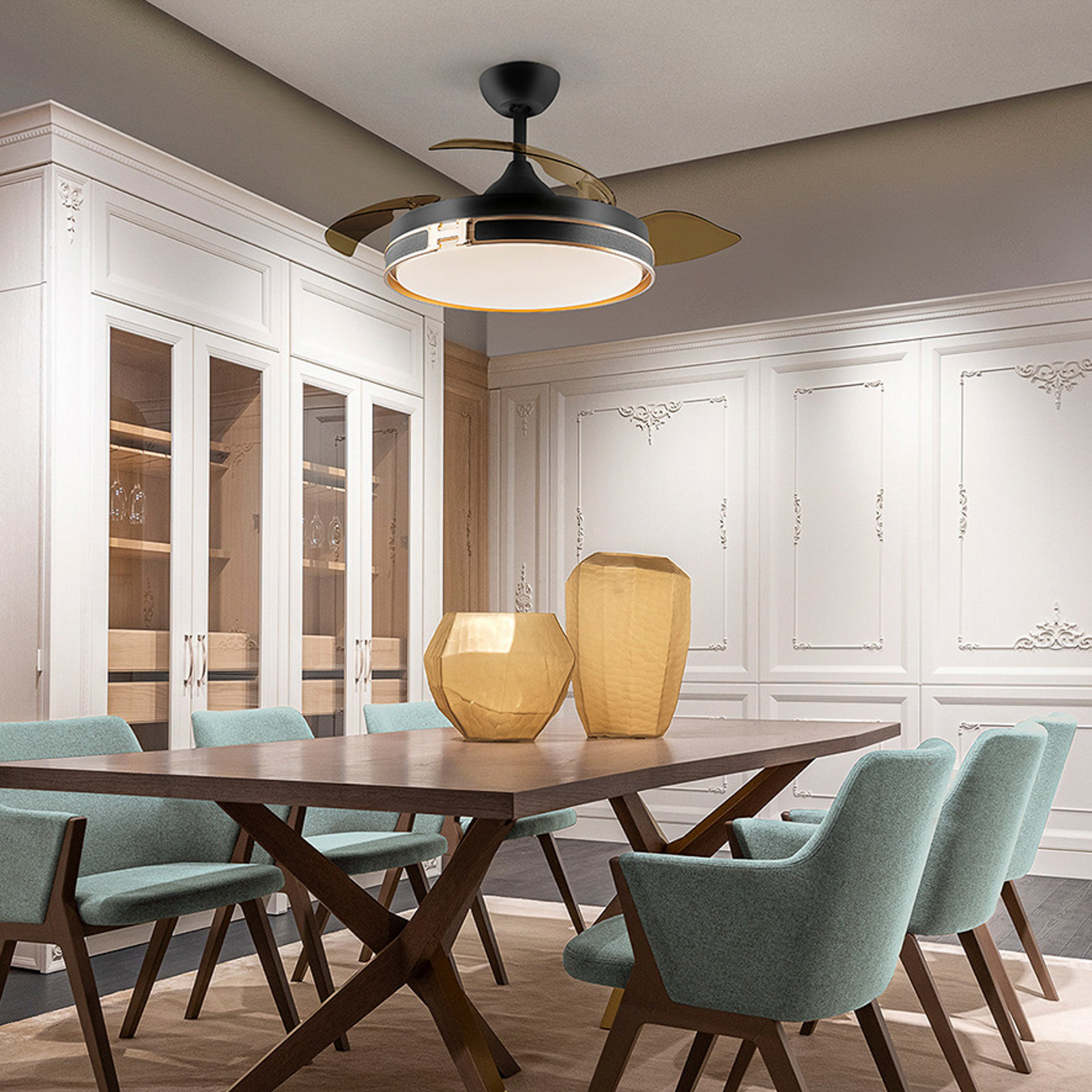 LED stropni ventilator Herón črn/zlati/dimni Ø 106 cm tih