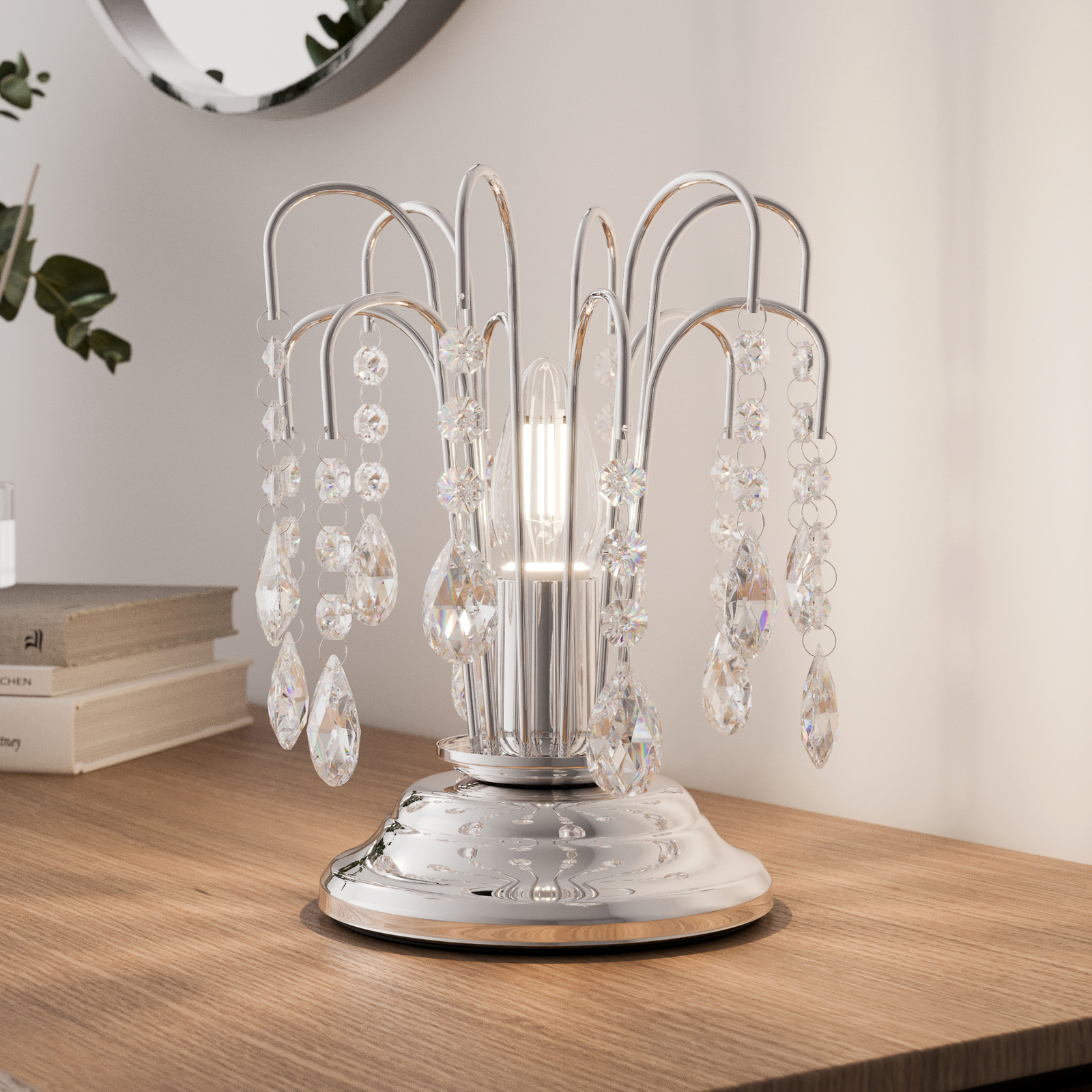 Bordslampa Pioggia med kristallregn, 26 cm, krom