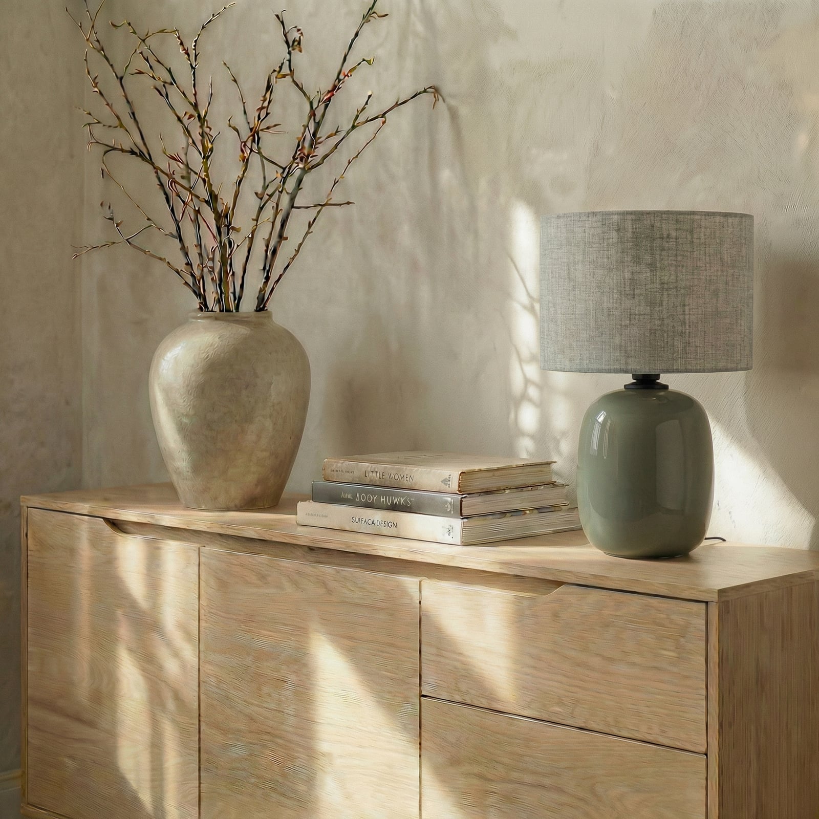 Tafellamp Melody, olijfgroen, textiel, hoogte 48 cm, E27