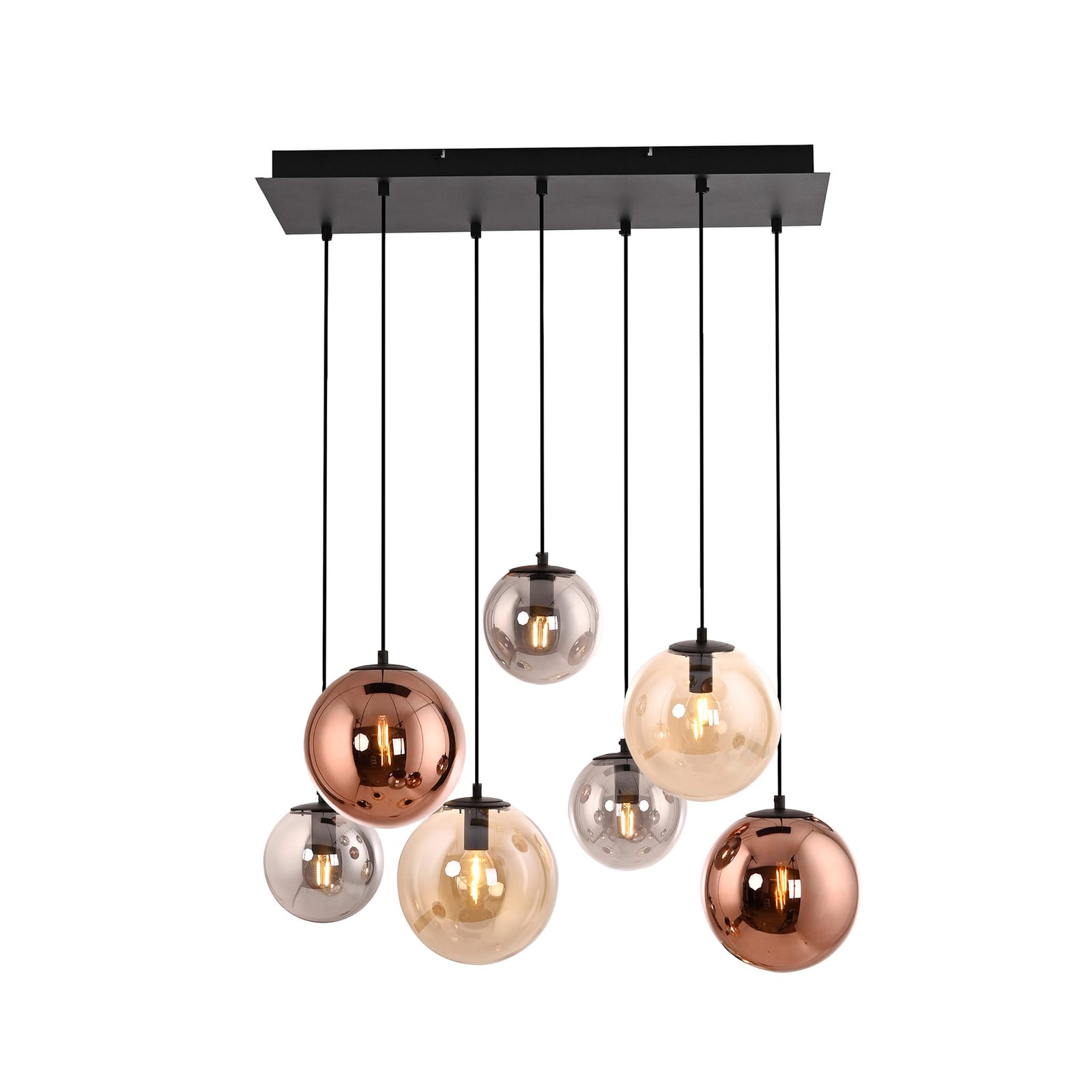 Shiny pendant light, 7-bulb, long, multicoloured, glass, E14