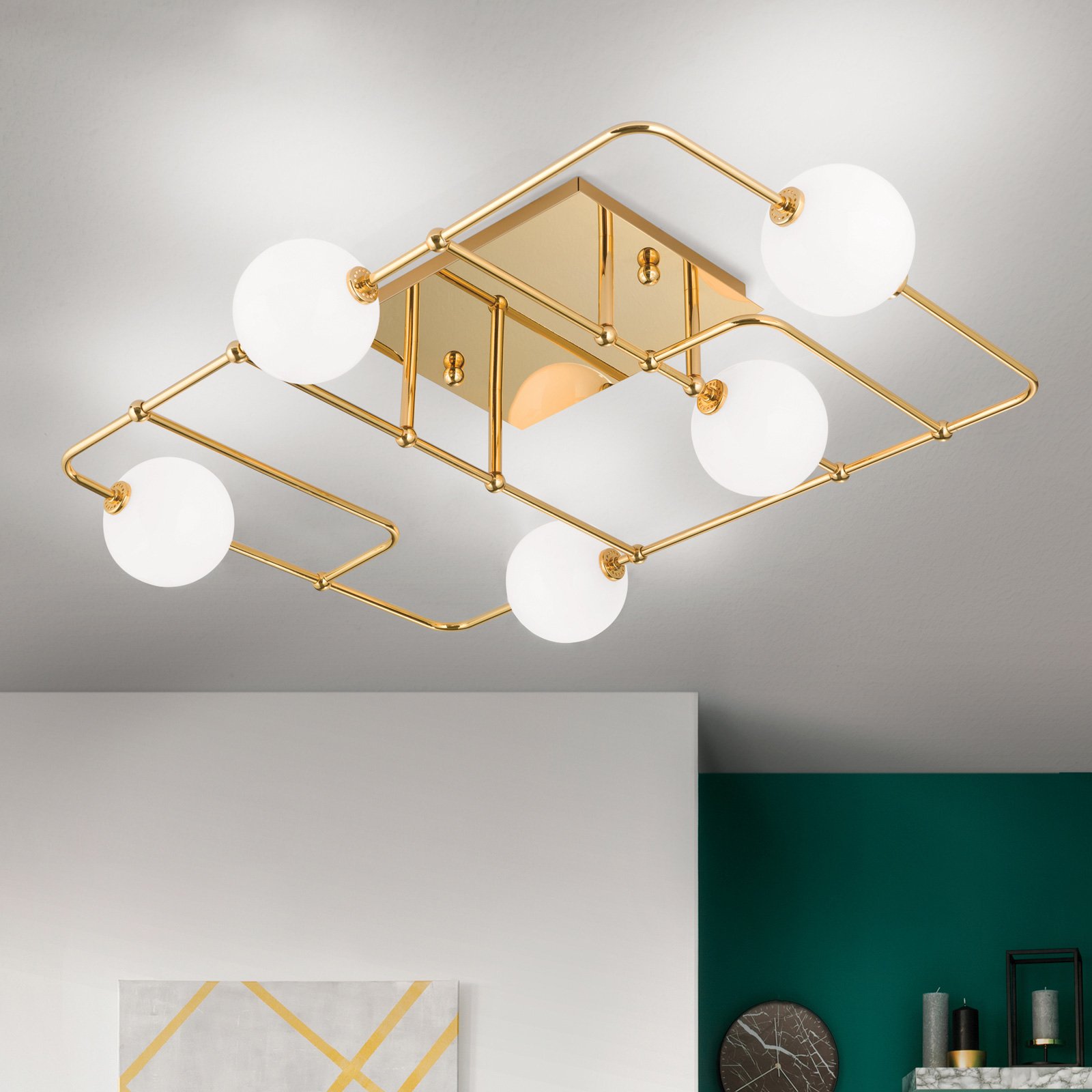 LED-taklampe Pipes i gull med glasskuler