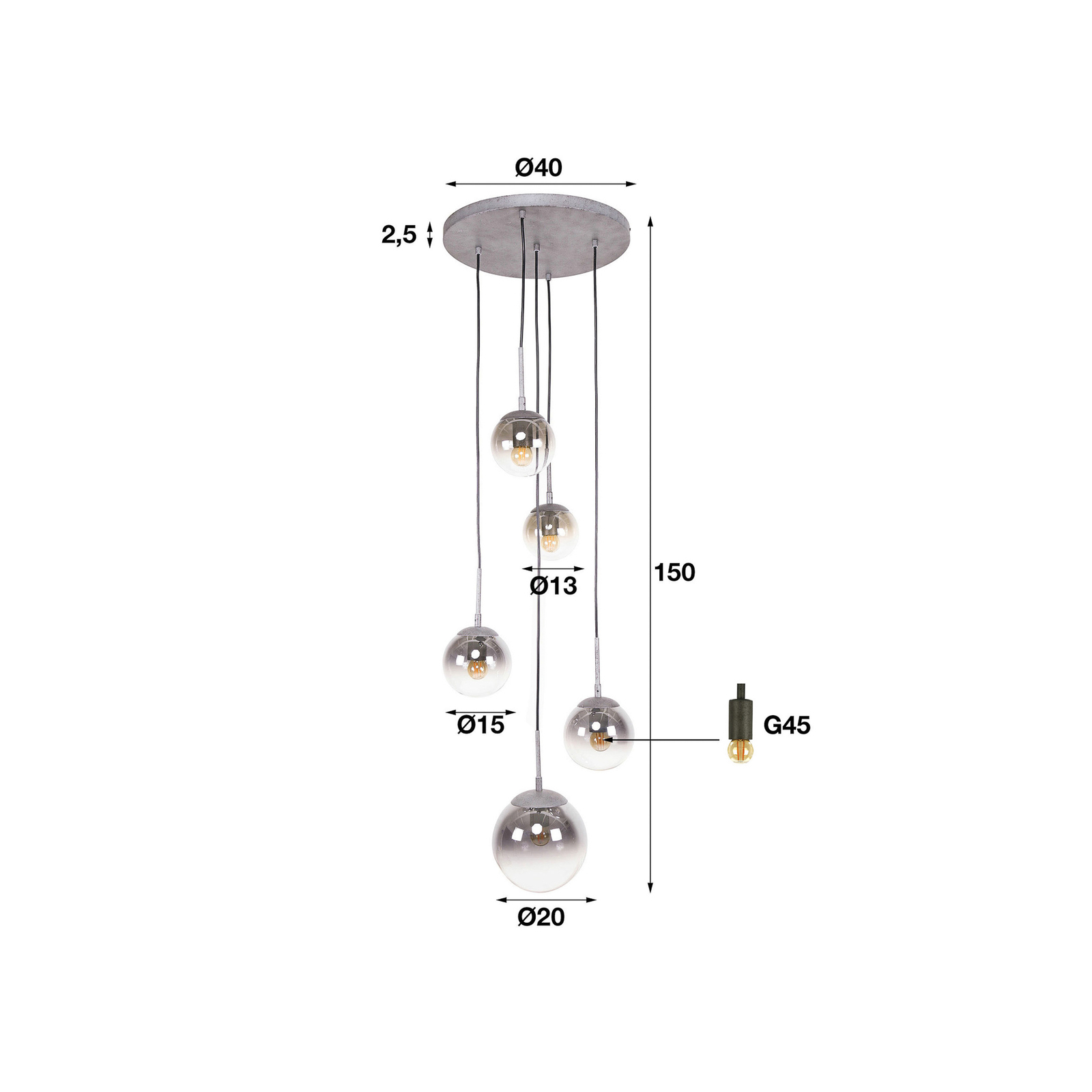 Hanglamp Gallyfrey, glazen kap, 5-lamps