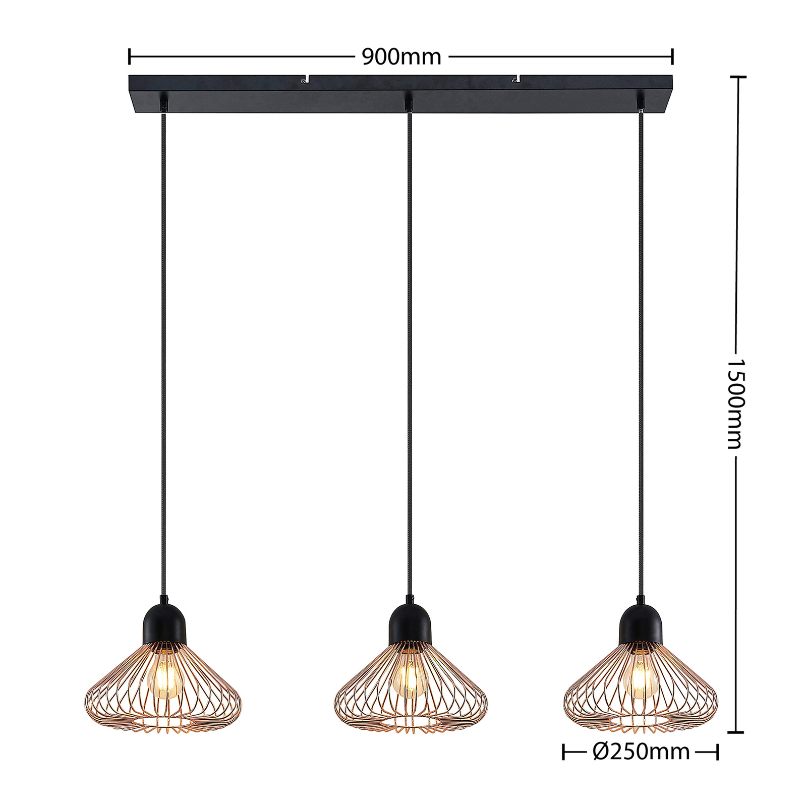 Lindby Metehan hanglamp, 3-lamps, koper