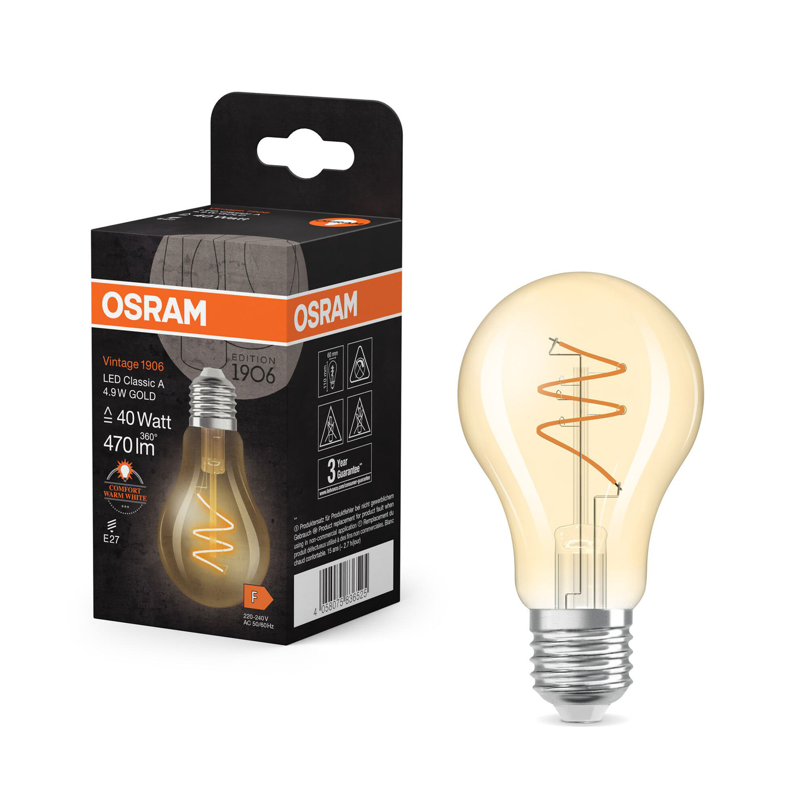 OSRAM LED Vintage E27 4.9W 2,700K σπειροειδές νήμα χρυσό 