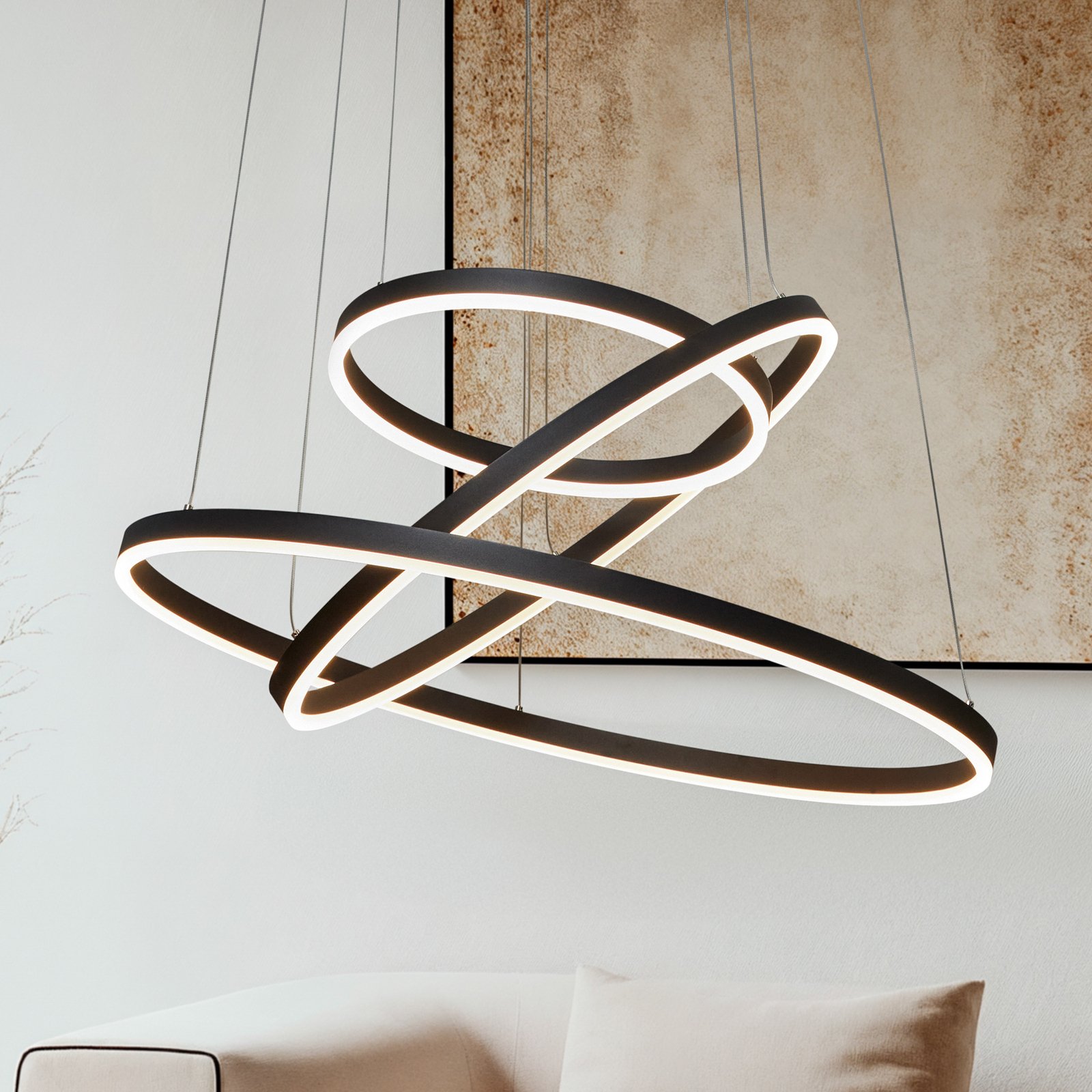 Arcchio LED pendant light Albiona, black, 3 rings, Ø 80 cm