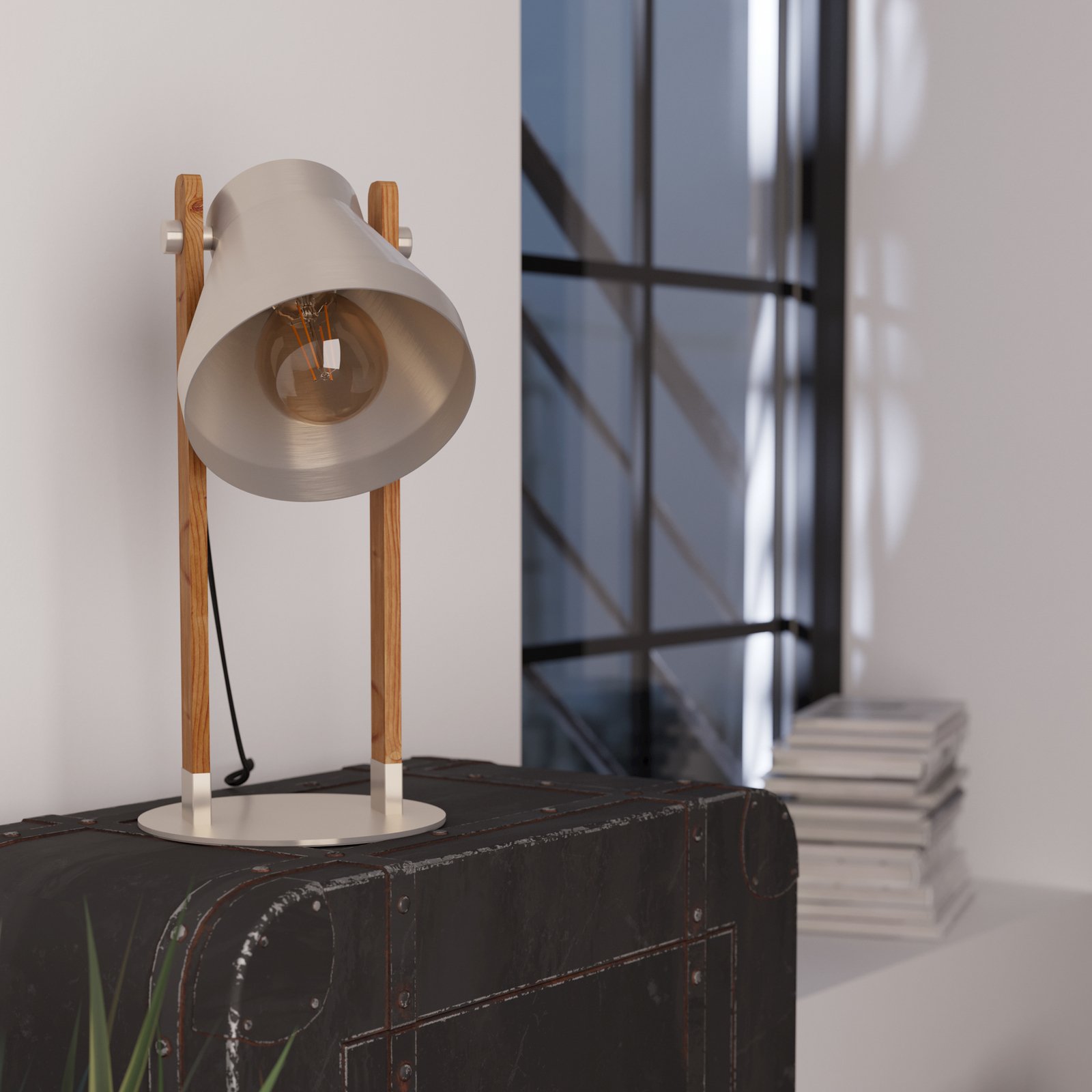 Lampe de table Cawton, hauteur 38 cm, acier/brun, acier/bois