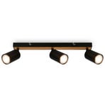 Tib downlight, black/wood, 3-bulb, adjustable, metal