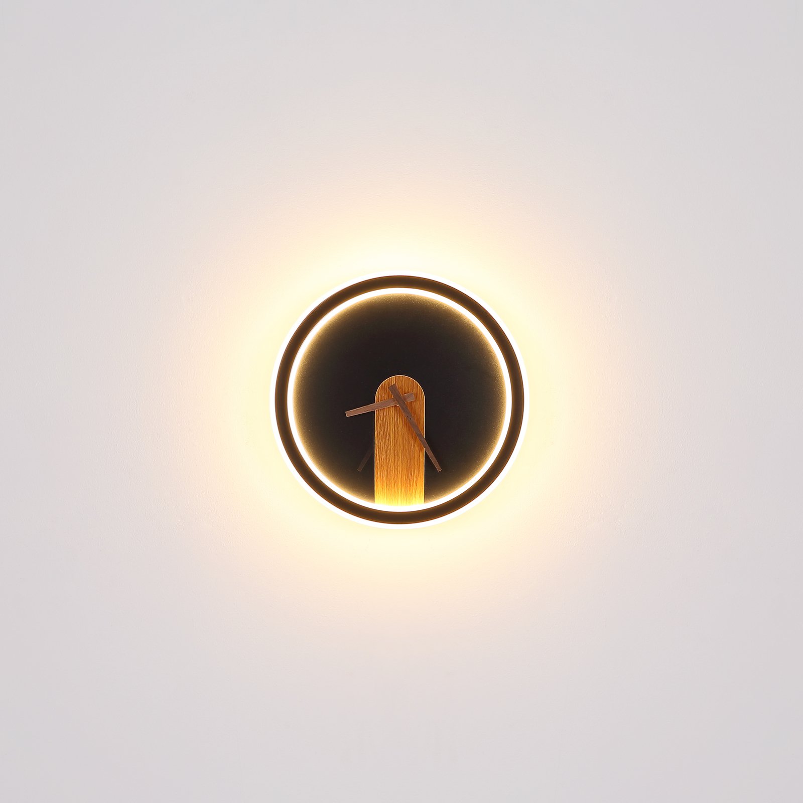 LED wandlamp Sussy met klok zwart/hout donker