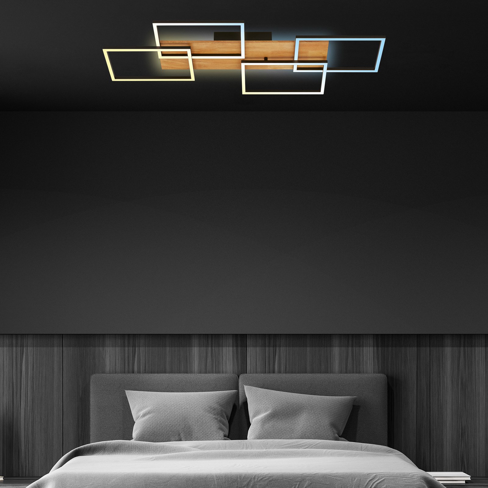 Plafonnier LED Cornice, 95x41cm, bois, télécommande